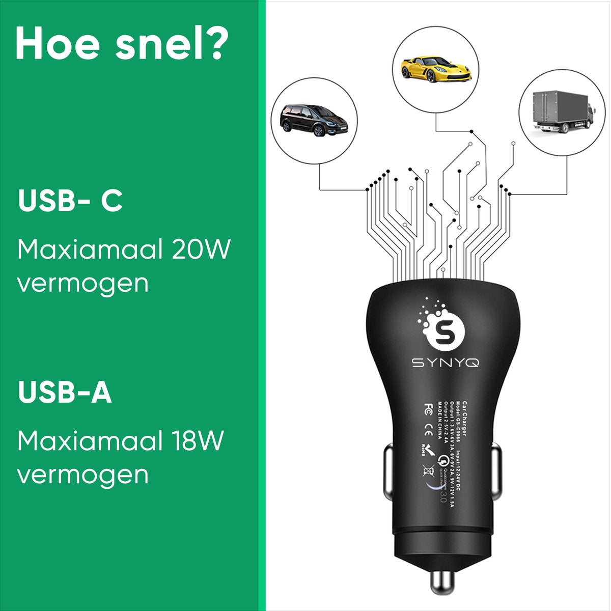 Synyq 38W Auto Snellader - Autolader + USB-C Kabel