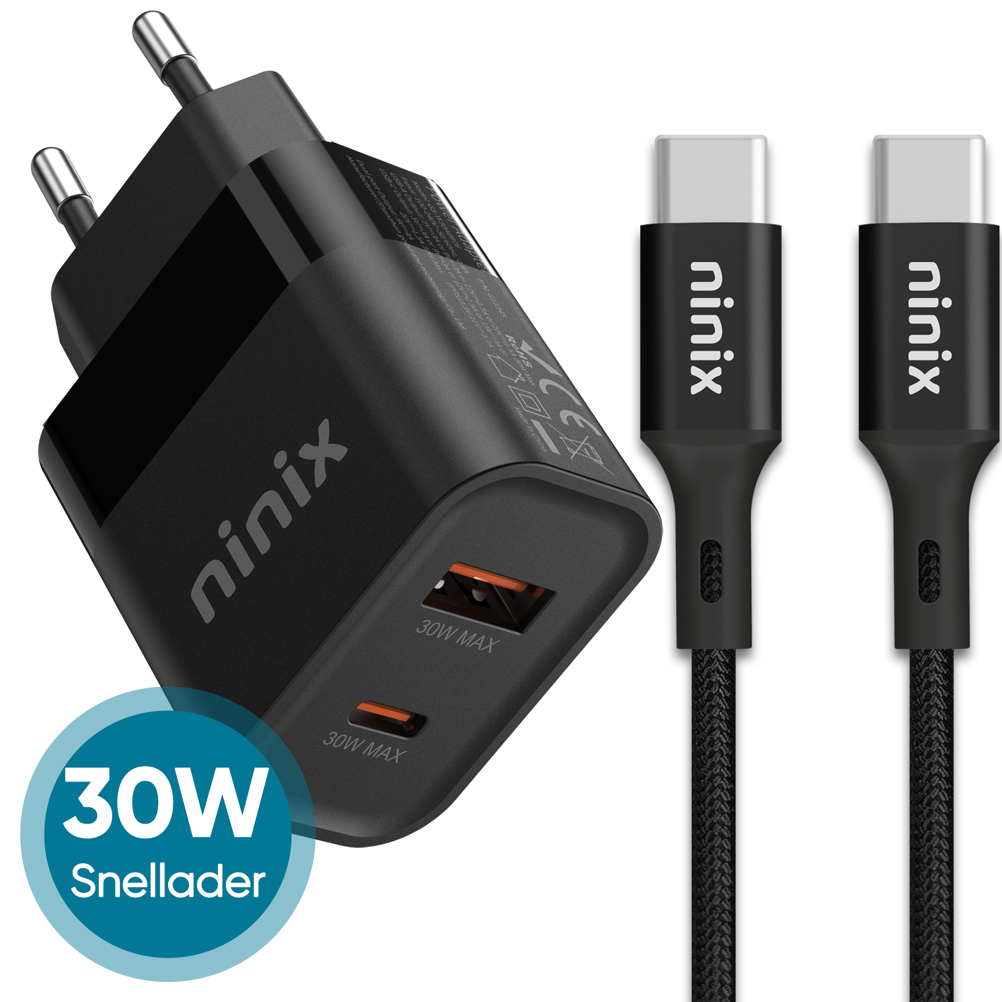 Ninix 30W GaN Snellader - 2 Poorten - Incl. USB-C Kabel - Universeel