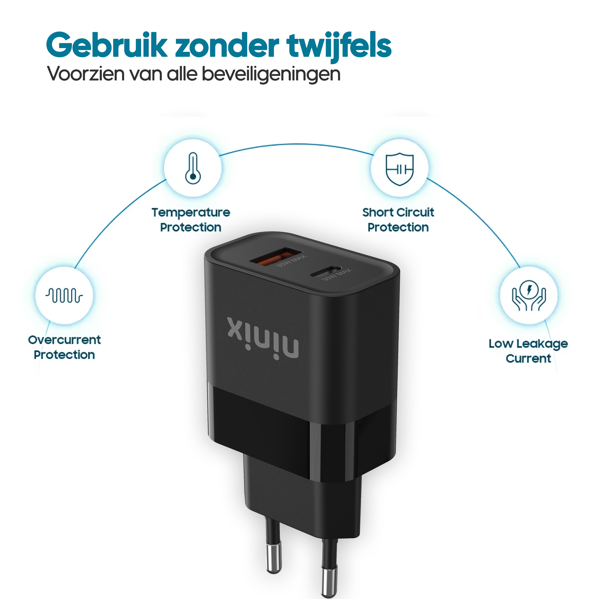 Ninix 30W GaN Snellader - 2 Poorten - Incl. USB-C Kabel - Universeel