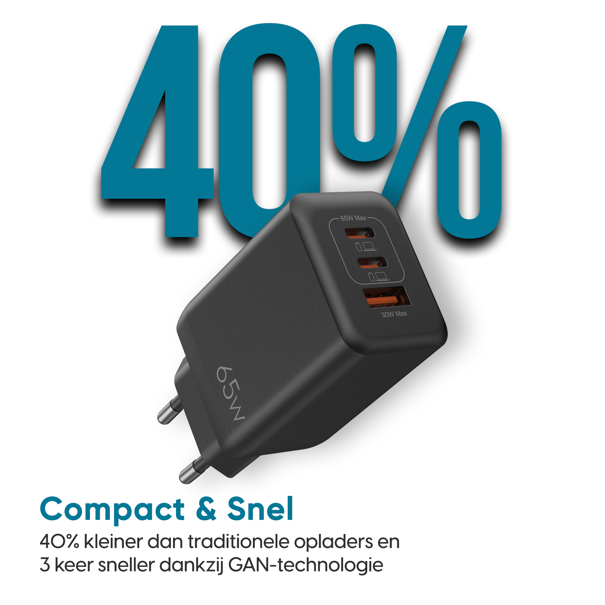 Ninix 65W GaN Snellader - 3 Poorten - Incl. USB-C Kabel - Universeel