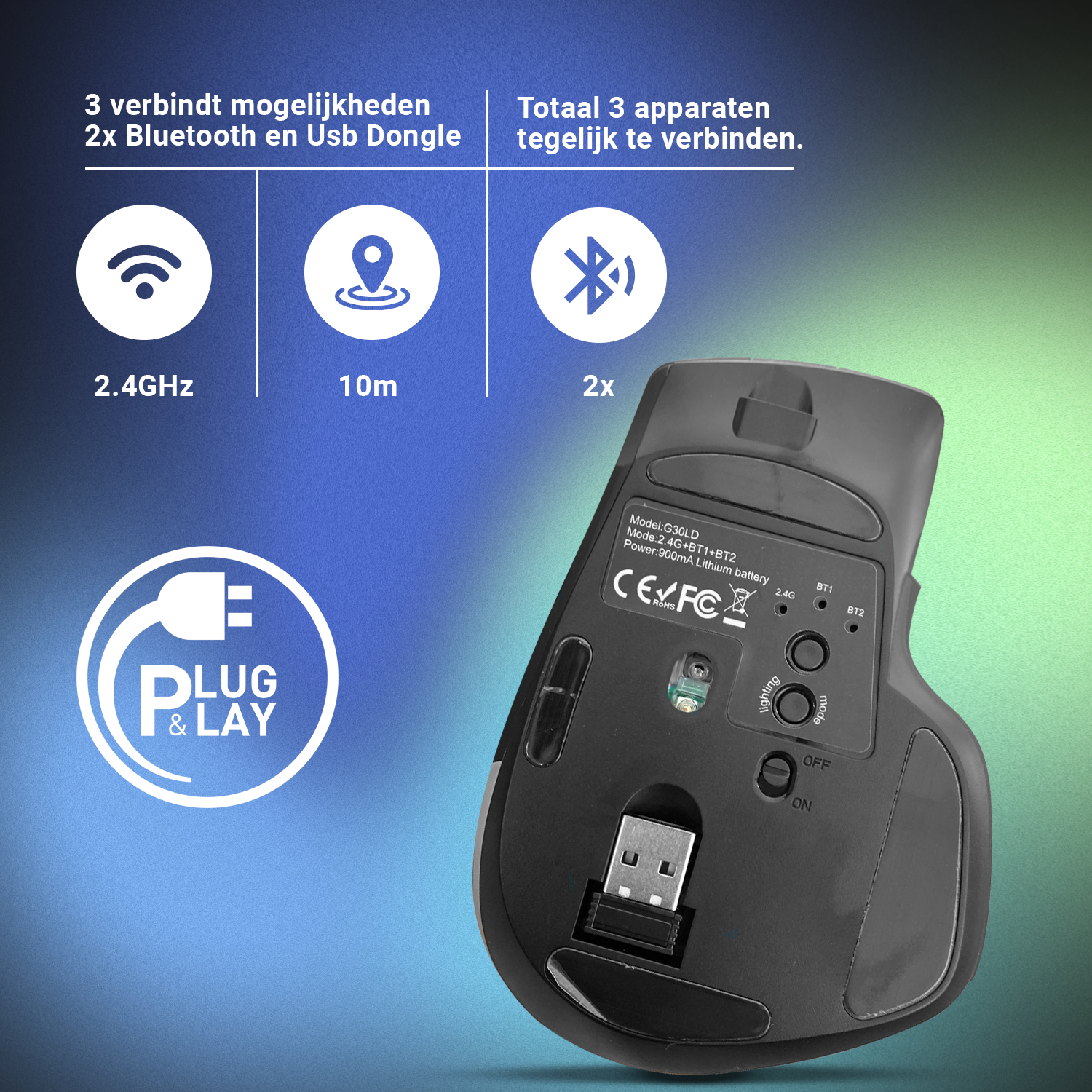 Synyq Draadloze Ergonomische Muis 3-in-1 - Oplaadbaar - Stil - 6 Knoppen