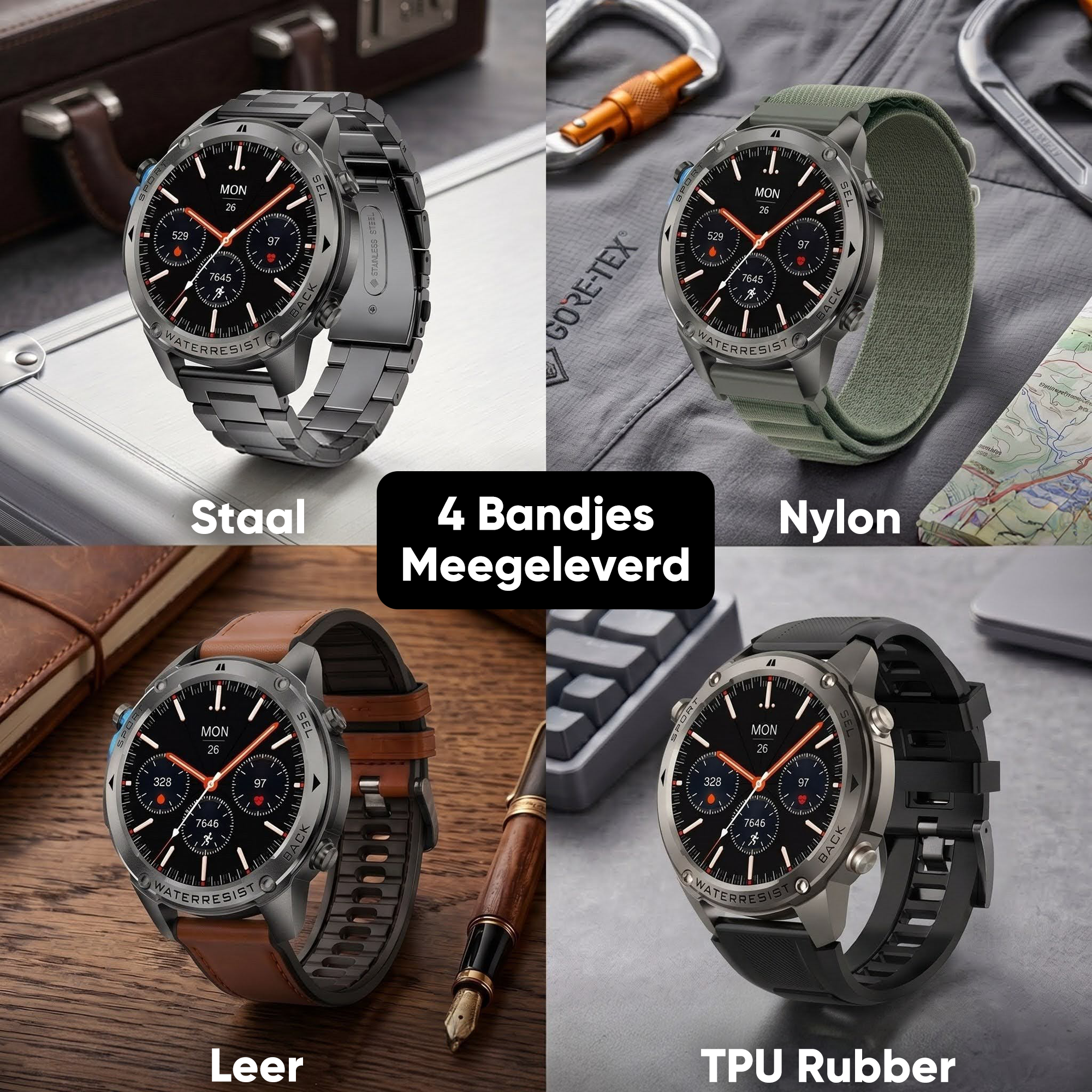 Synyq GPS Pro Smartwatch Heren - AMOLED - 10 Dagen Batterij - Incl. 4 Bandjes