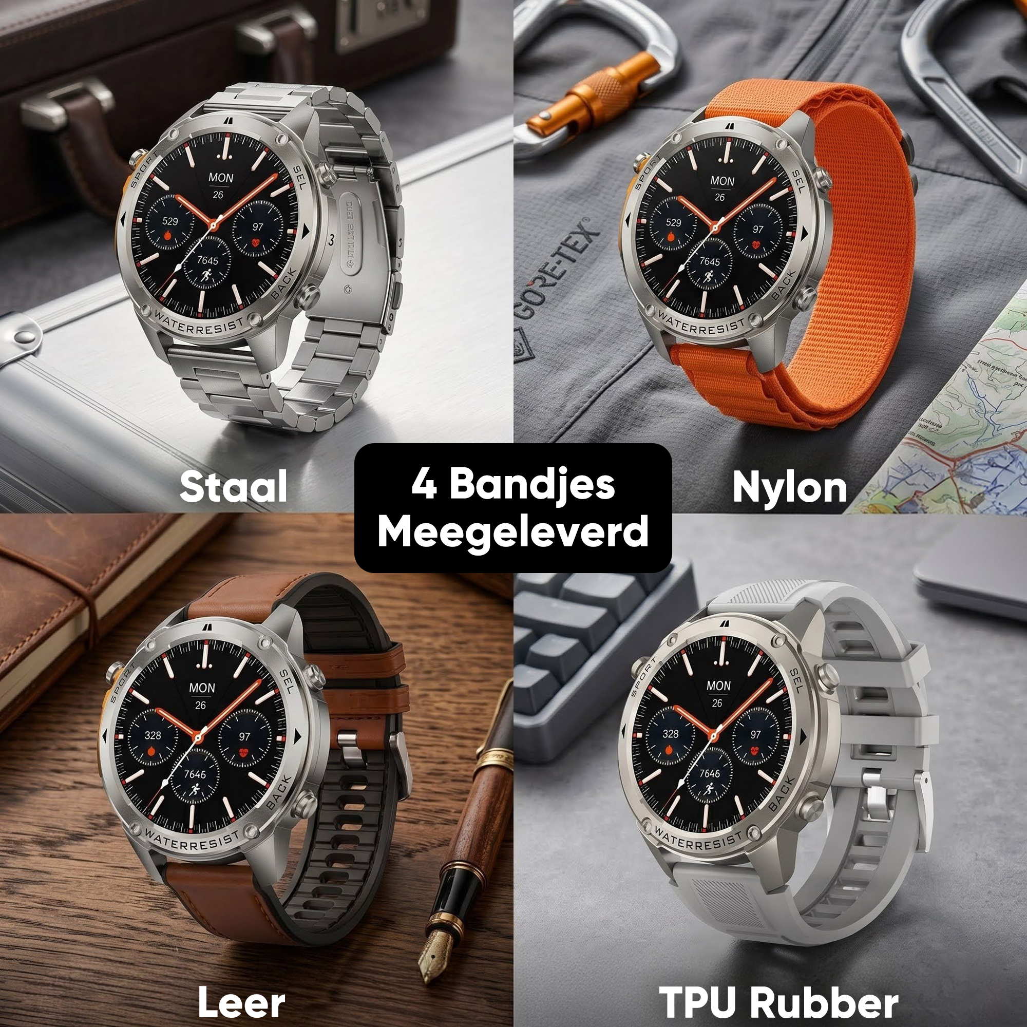 Synyq GPS Pro Smartwatch Heren - AMOLED - 10 Dagen Batterij - Incl. 4 Bandjes