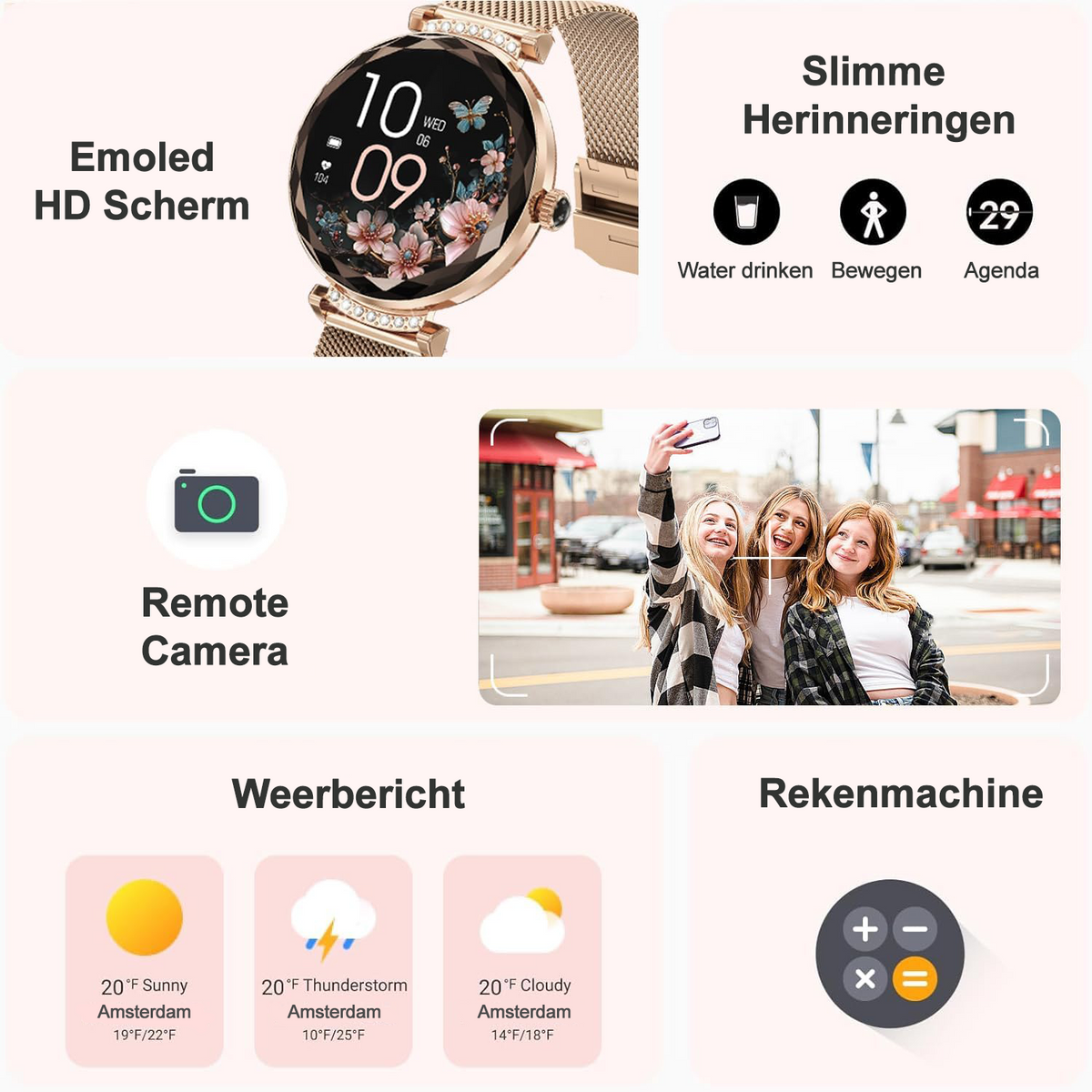 Synyq Diamond Smartwatch Dames - Rosé Goud - 39mm AMOLED - Incl. 2 Bandje