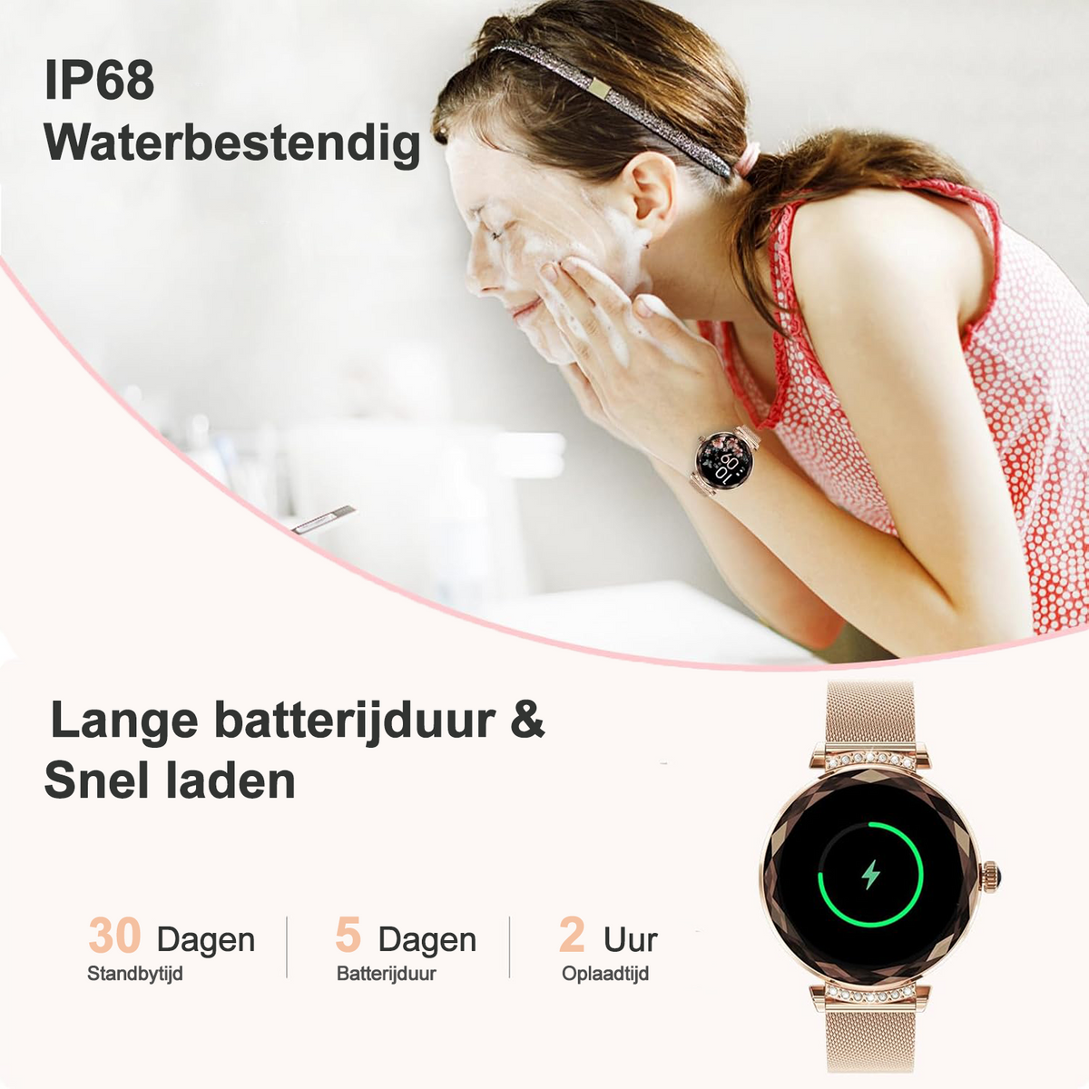 Synyq Diamond Smartwatch Dames - Rosé Goud - 39mm AMOLED - Incl. 2 Bandje