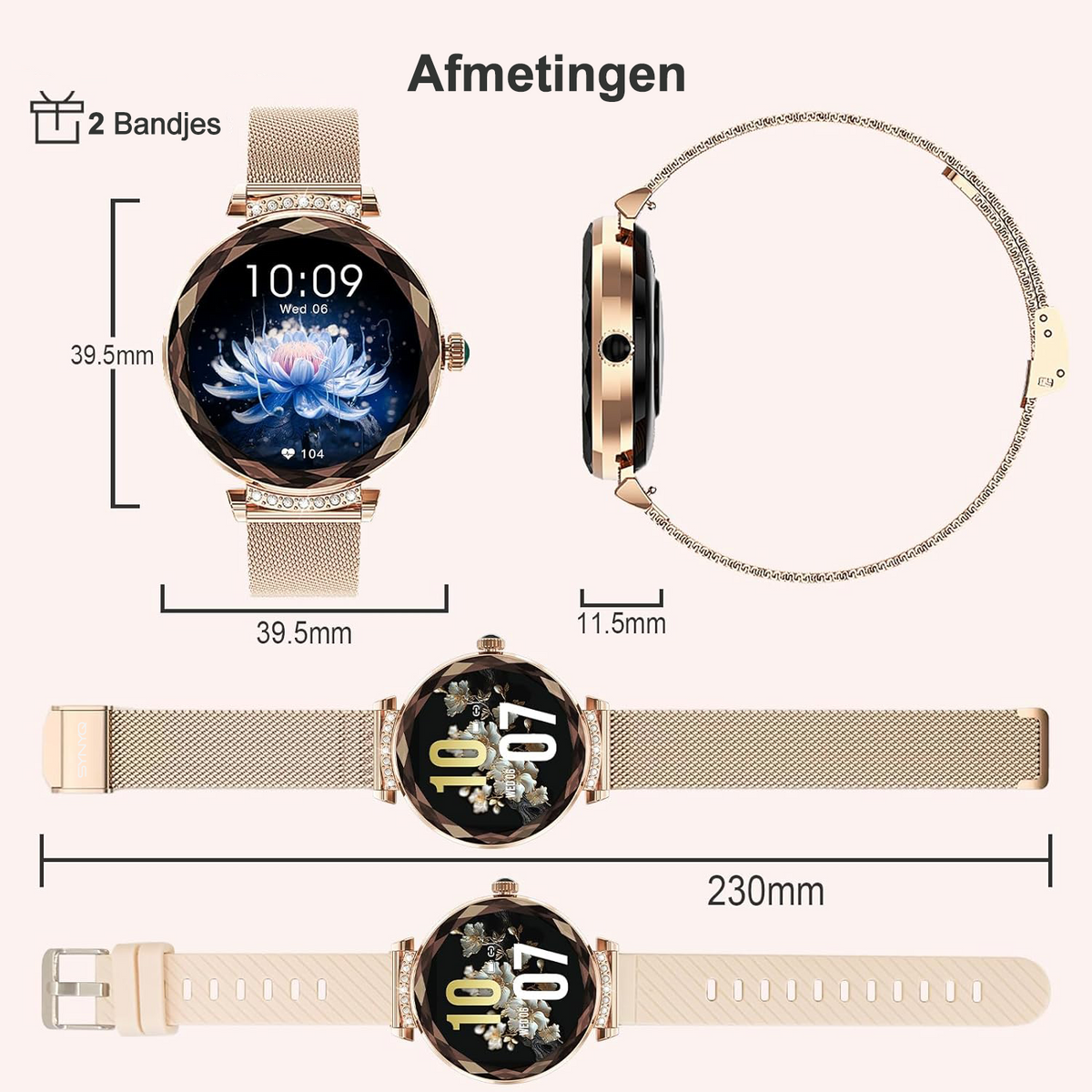Synyq Diamond Smartwatch Dames - Rosé Goud - 39mm AMOLED - Incl. 2 Bandje