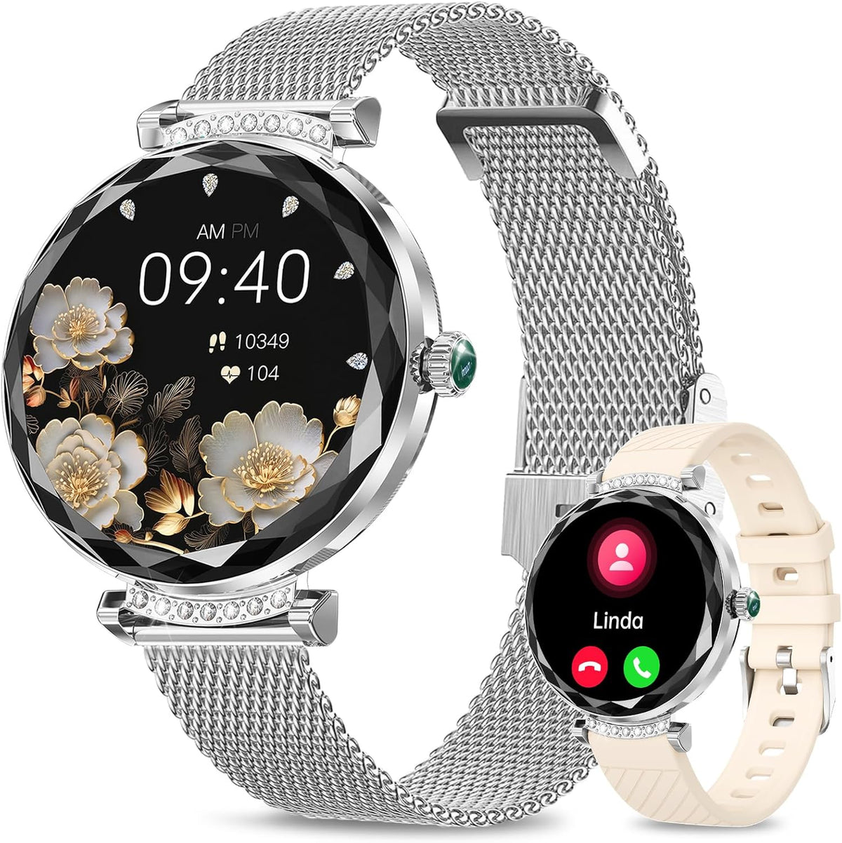 Synyq Diamond Smartwatch Dames - Zilverkleurig - 39mm AMOLED - Incl. 2 Bandjes