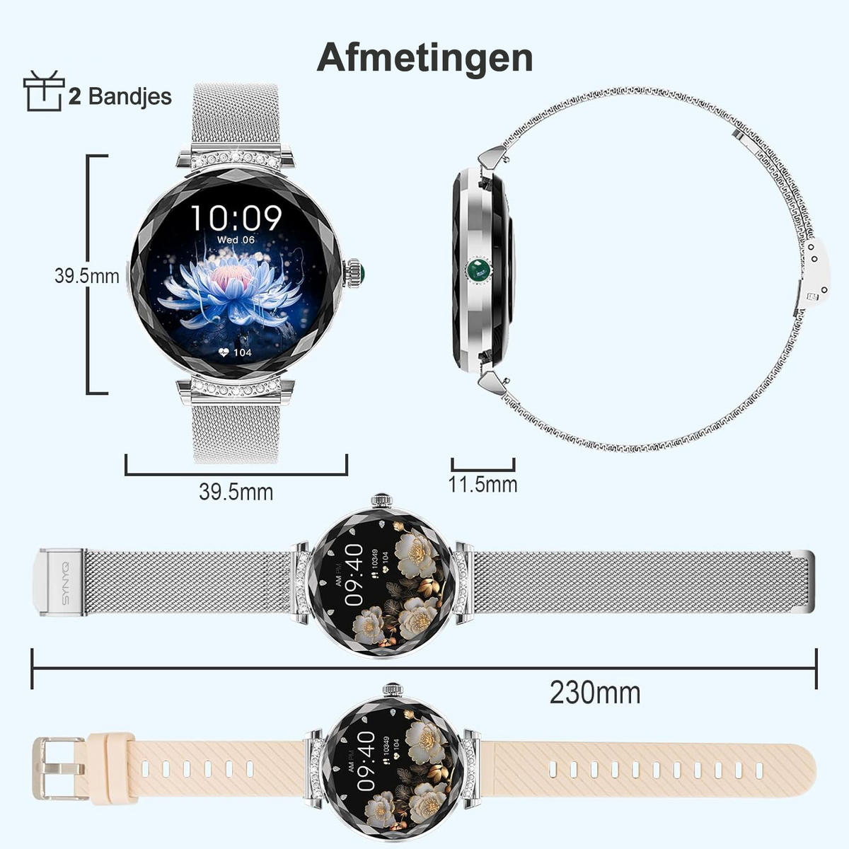 Synyq Diamond Smartwatch Dames - Zilverkleurig - 39mm AMOLED - Incl. 2 Bandjes