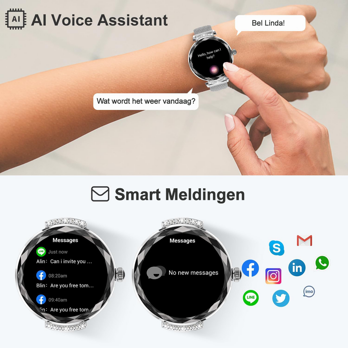 Synyq Diamond Smartwatch Dames - Zilverkleurig - 39mm AMOLED - Incl. 2 Bandjes