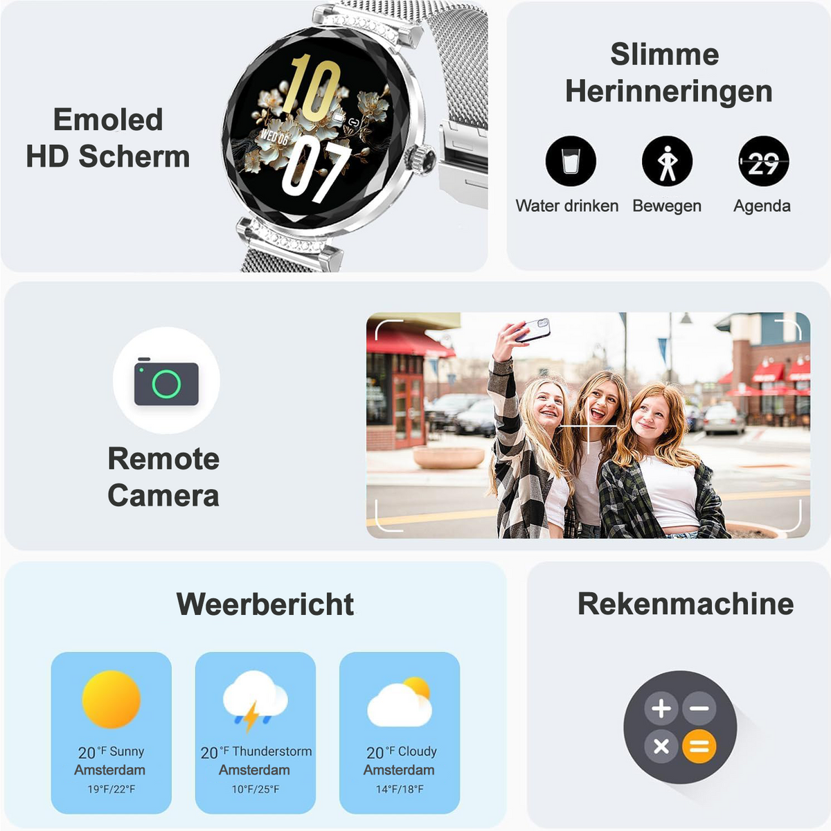 Synyq Diamond Smartwatch Dames - Zilverkleurig - 39mm AMOLED - Incl. 2 Bandjes