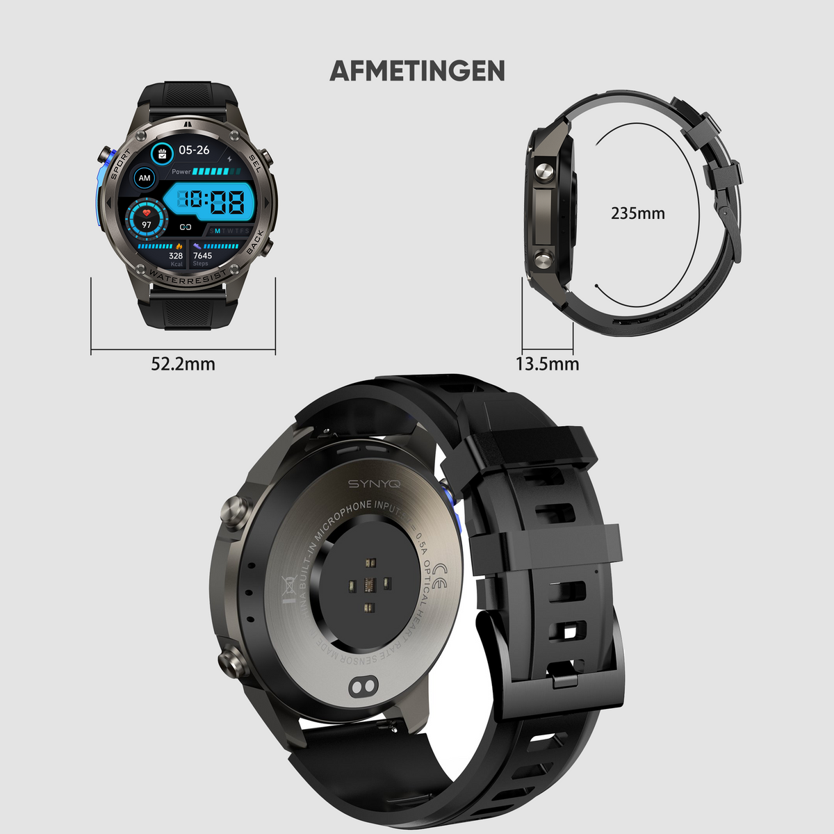 Synyq GPS Pro Smartwatch Heren - Steel - AMOLED - 10 Dagen Batterij - Incl. 4 Bandjes