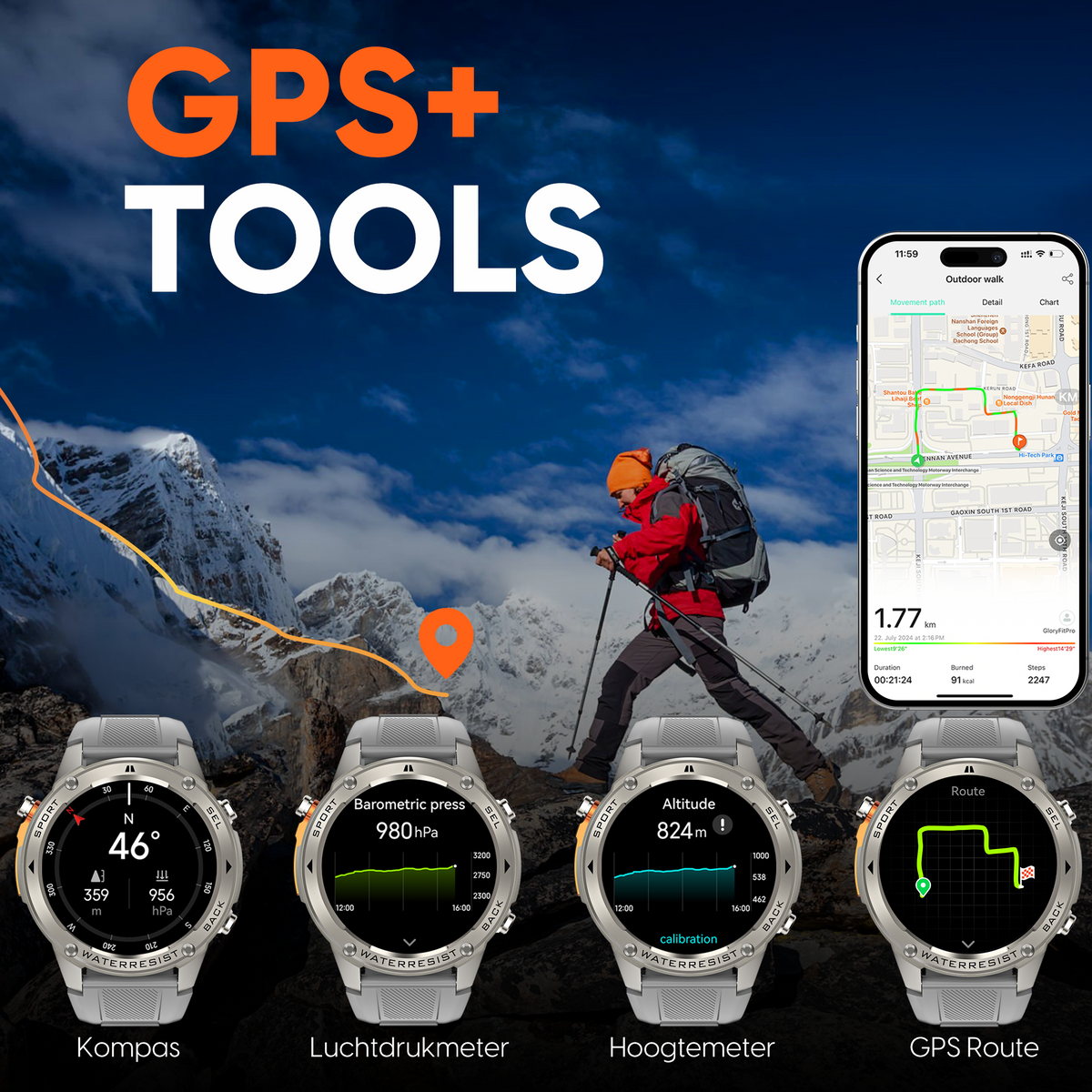 Synyq GPS Pro Smartwatch Heren - Steel - AMOLED - 10 Dagen Batterij - Incl. 4 Bandjes