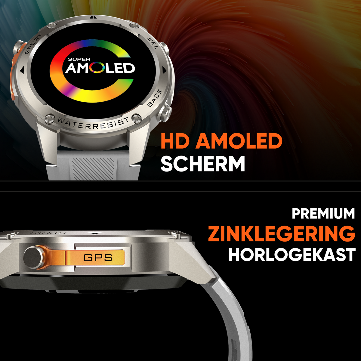 Synyq GPS Pro Smartwatch Heren - Steel - AMOLED - 10 Dagen Batterij - Incl. 4 Bandjes