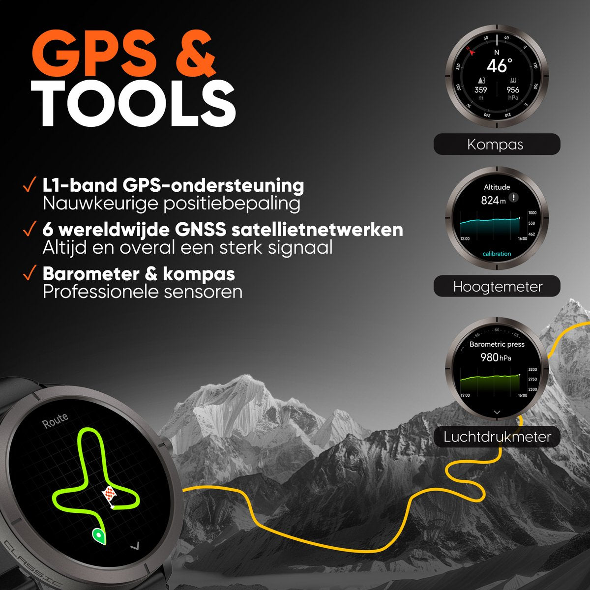 Synyq Evo Pro GPS Smartwatch - Zwart - 5ATM Waterdicht - Incl. 4 Bandjes