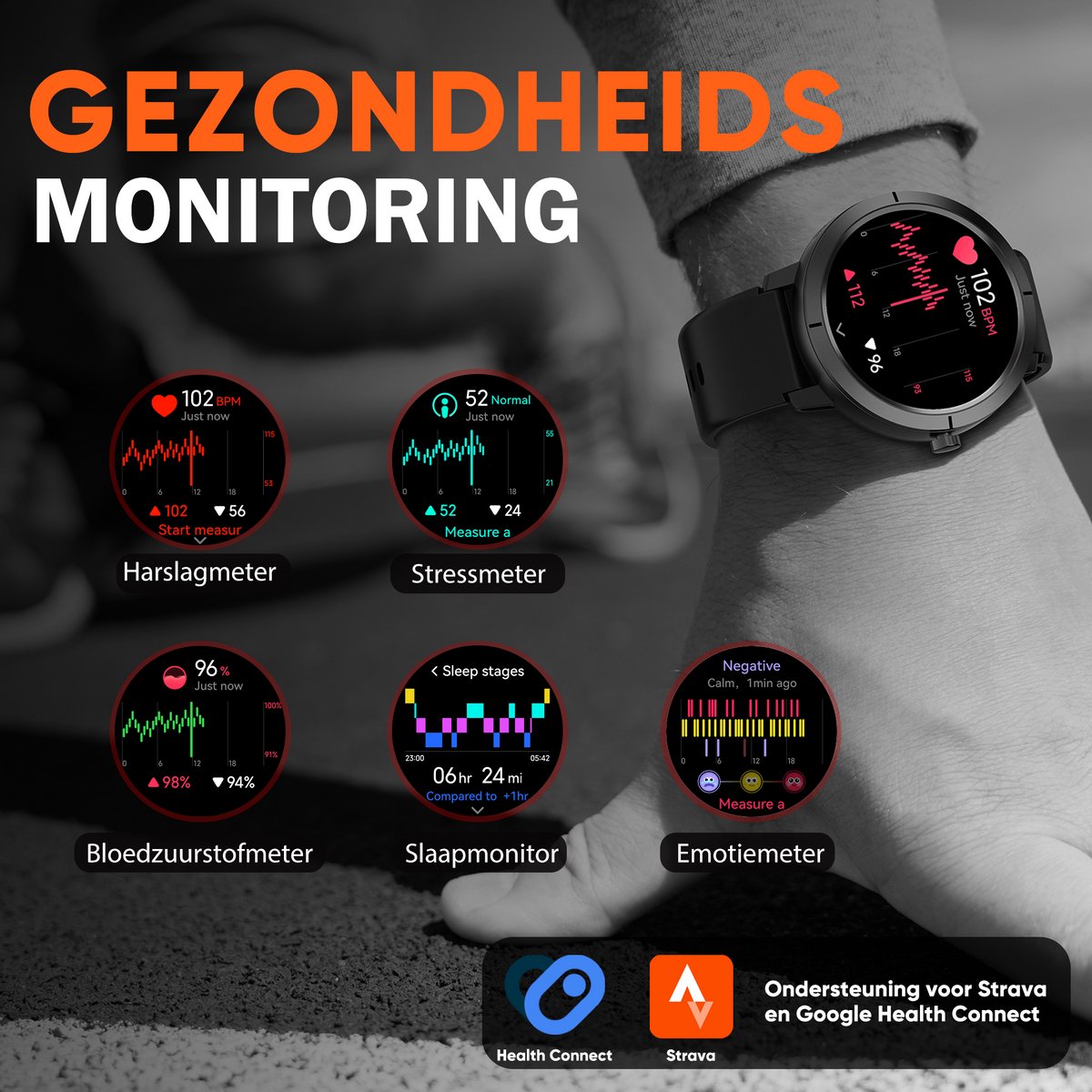 Synyq Evo Pro GPS Smartwatch - Zwart - 5ATM Waterdicht - Incl. 4 Bandjes