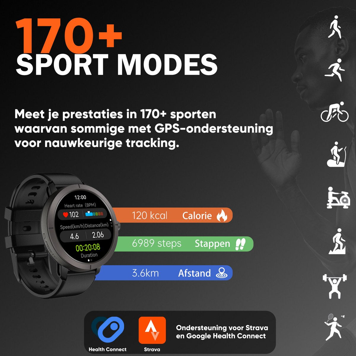 Synyq Evo Pro GPS Smartwatch - Zwart - 5ATM Waterdicht - Incl. 4 Bandjes