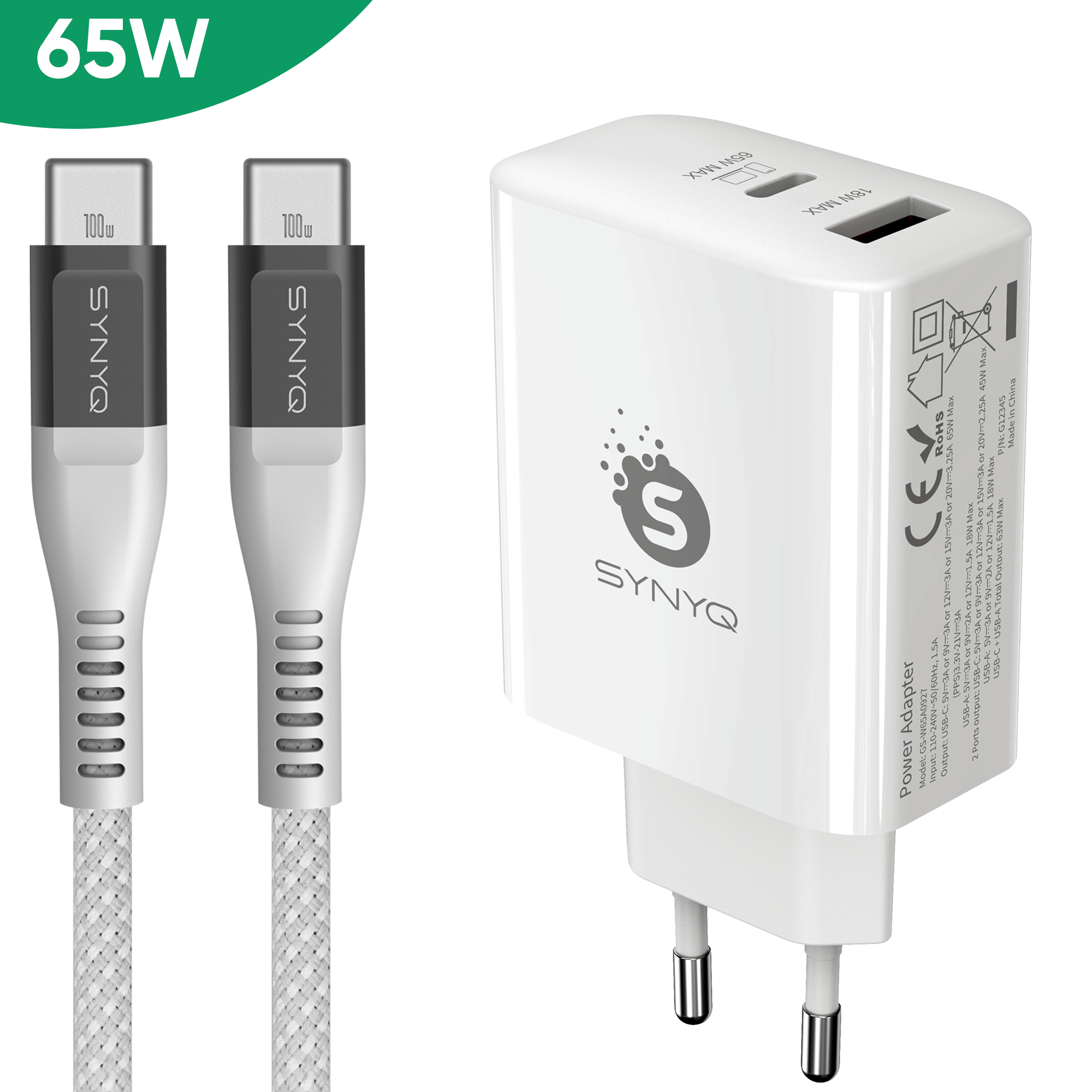 Synyq 65W Snellader Set - Incl. 100W USB-C Kabel - Universeel