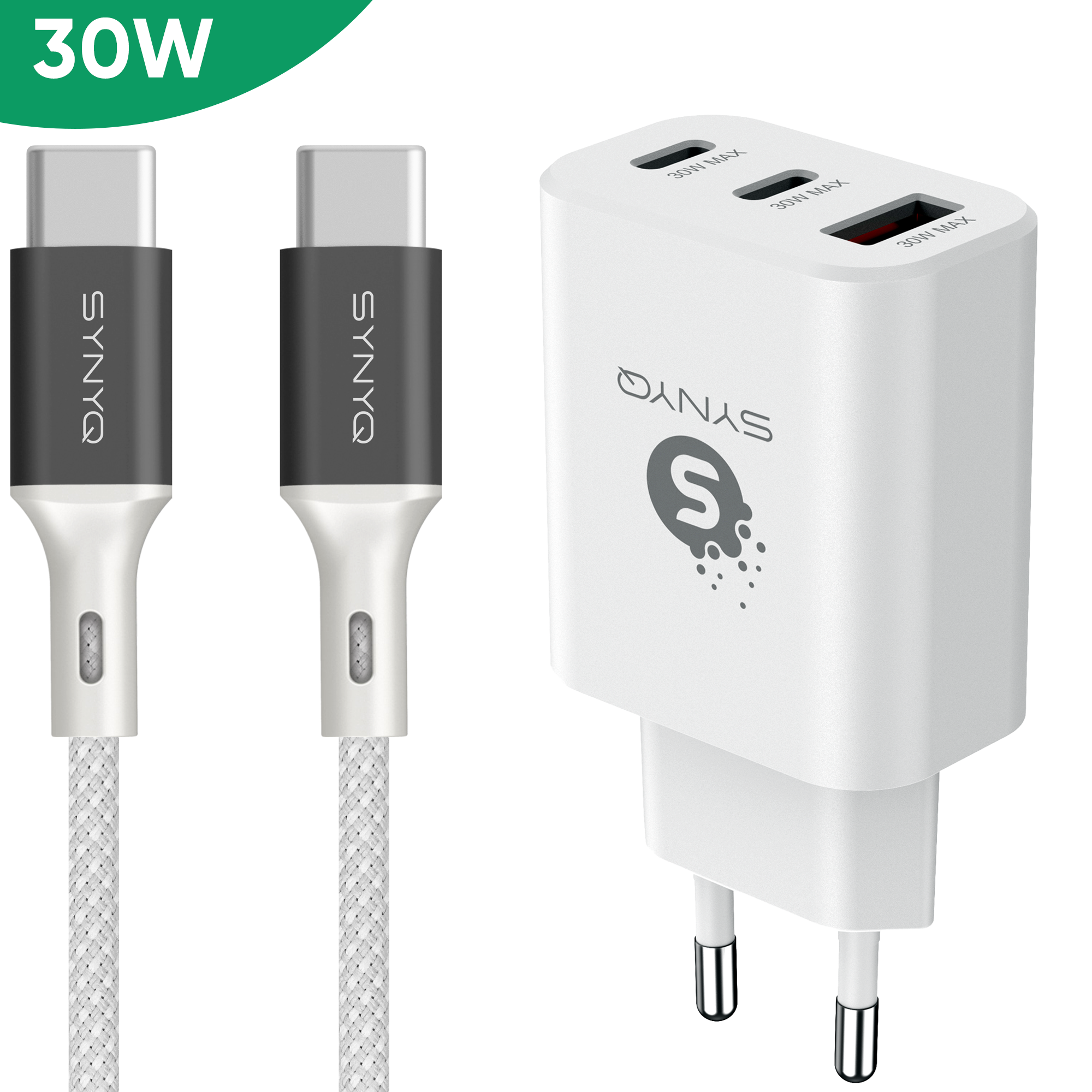 Synyq 30W USB-C Snellader + USB-C Kabel - Universeel