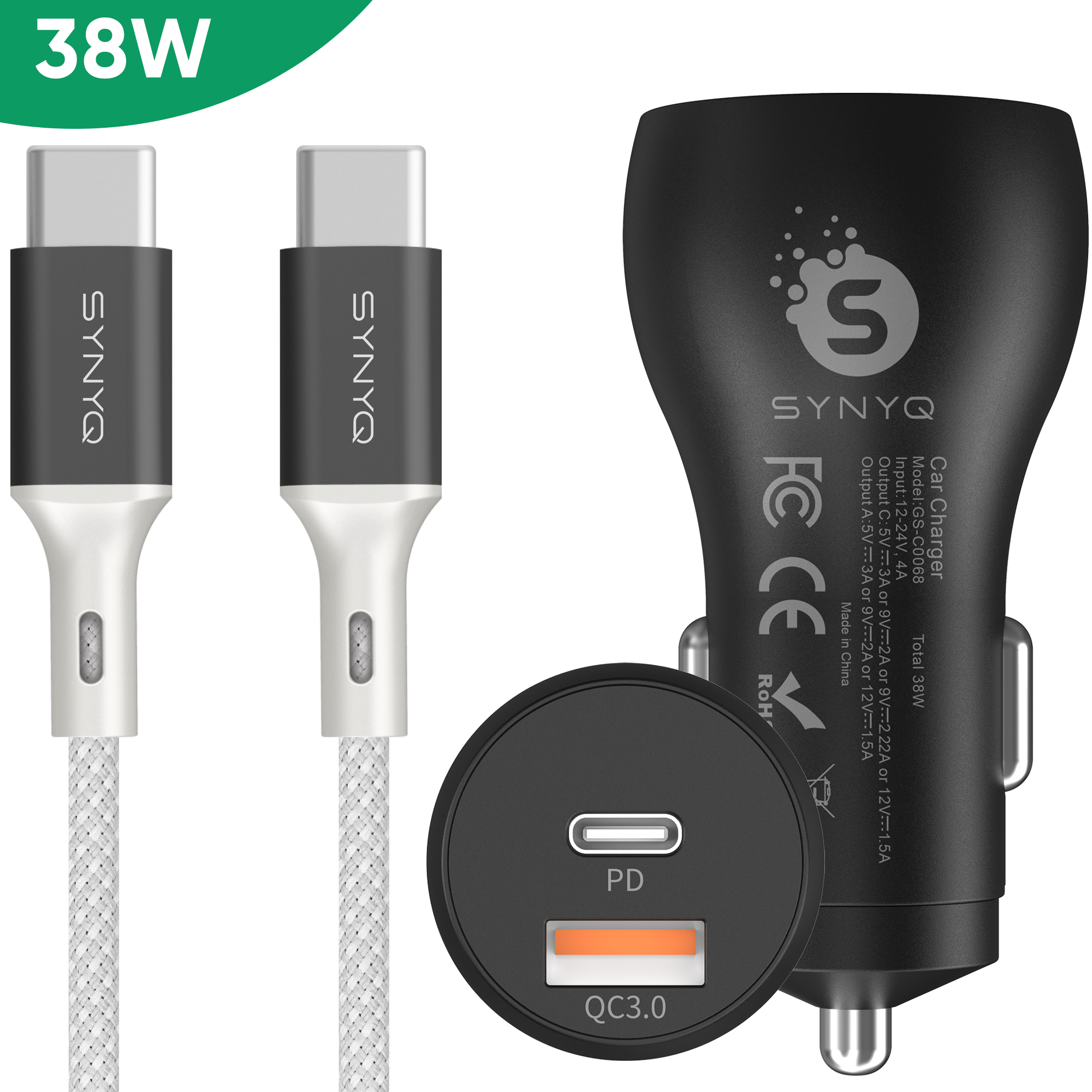 Synyq 38W Auto Snellader - Autolader + USB-C Kabel