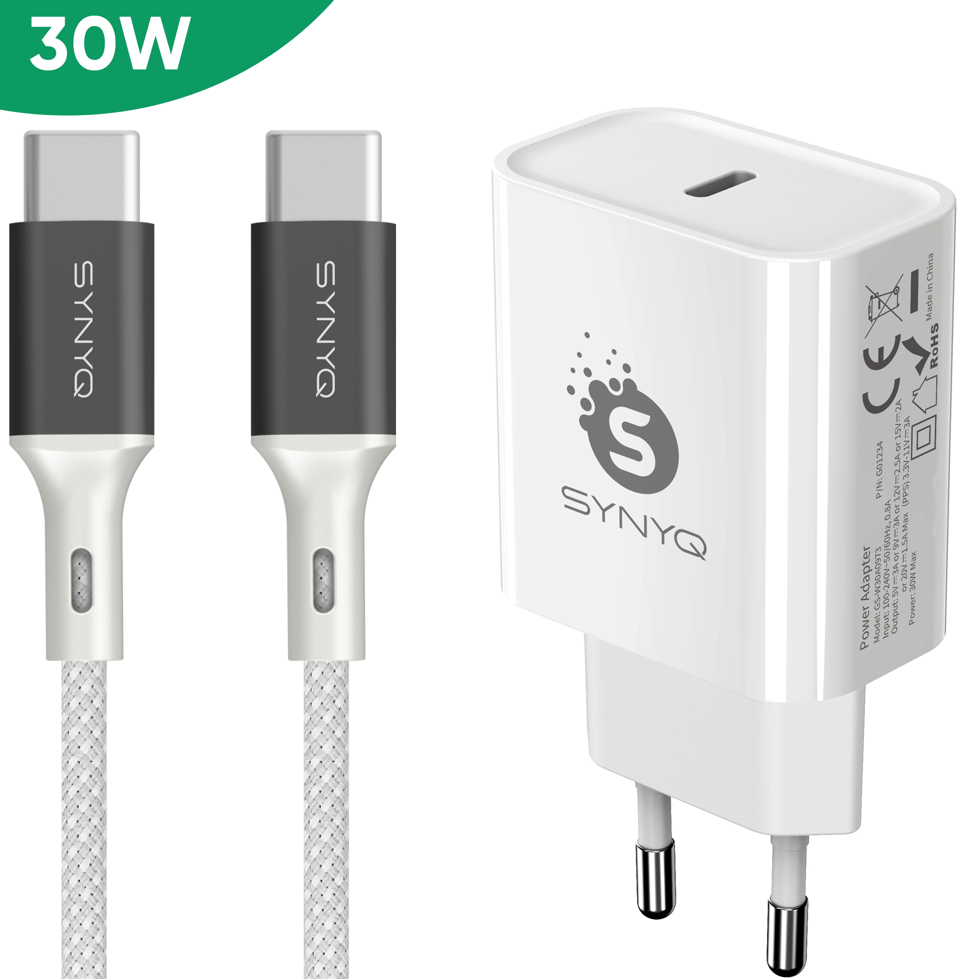 Synyq 30W USB-C Snellader Set - Incl. USB-C Kabel - Universeel