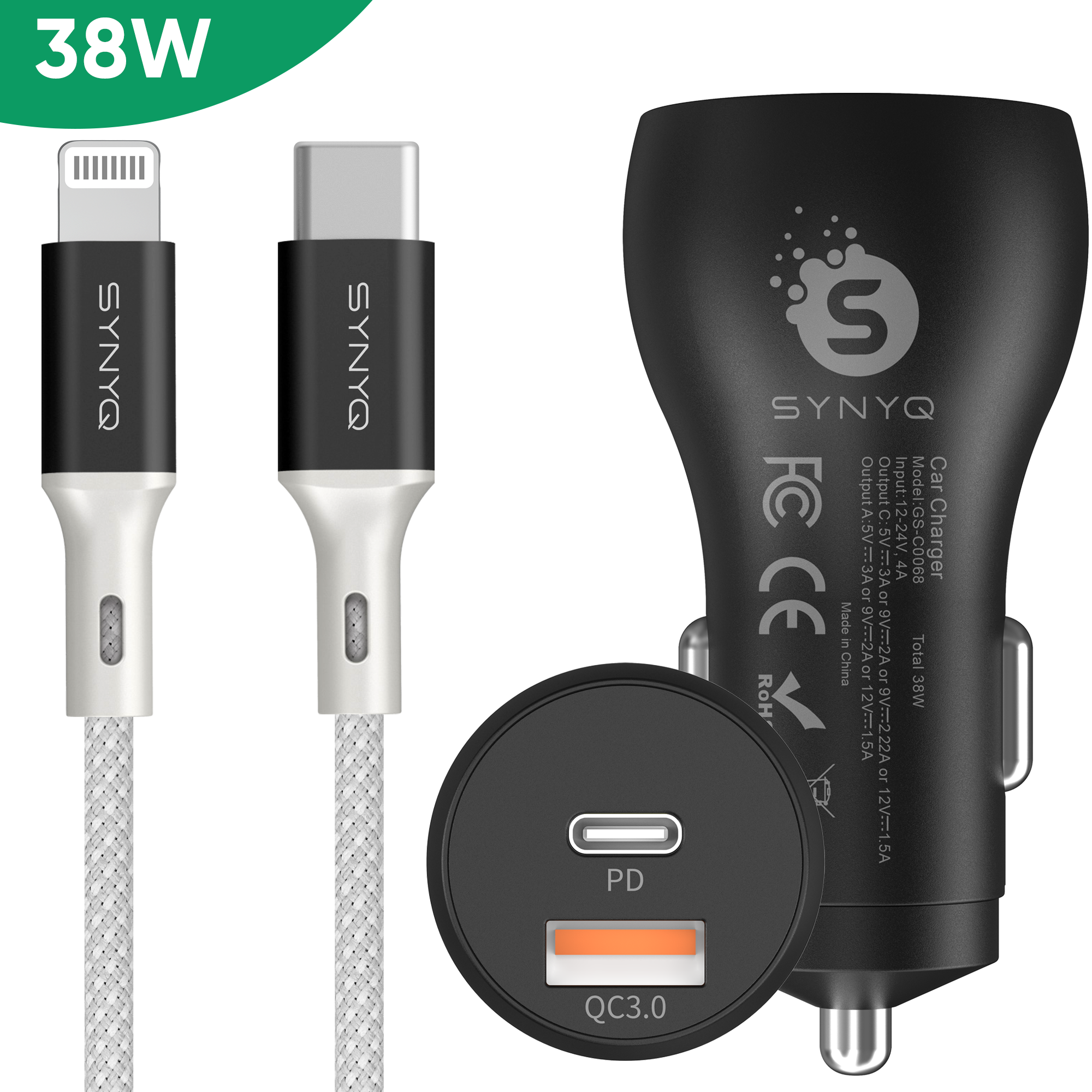 Synyq 38W Dual Auto Snellader - Incl. Lightning Kabel