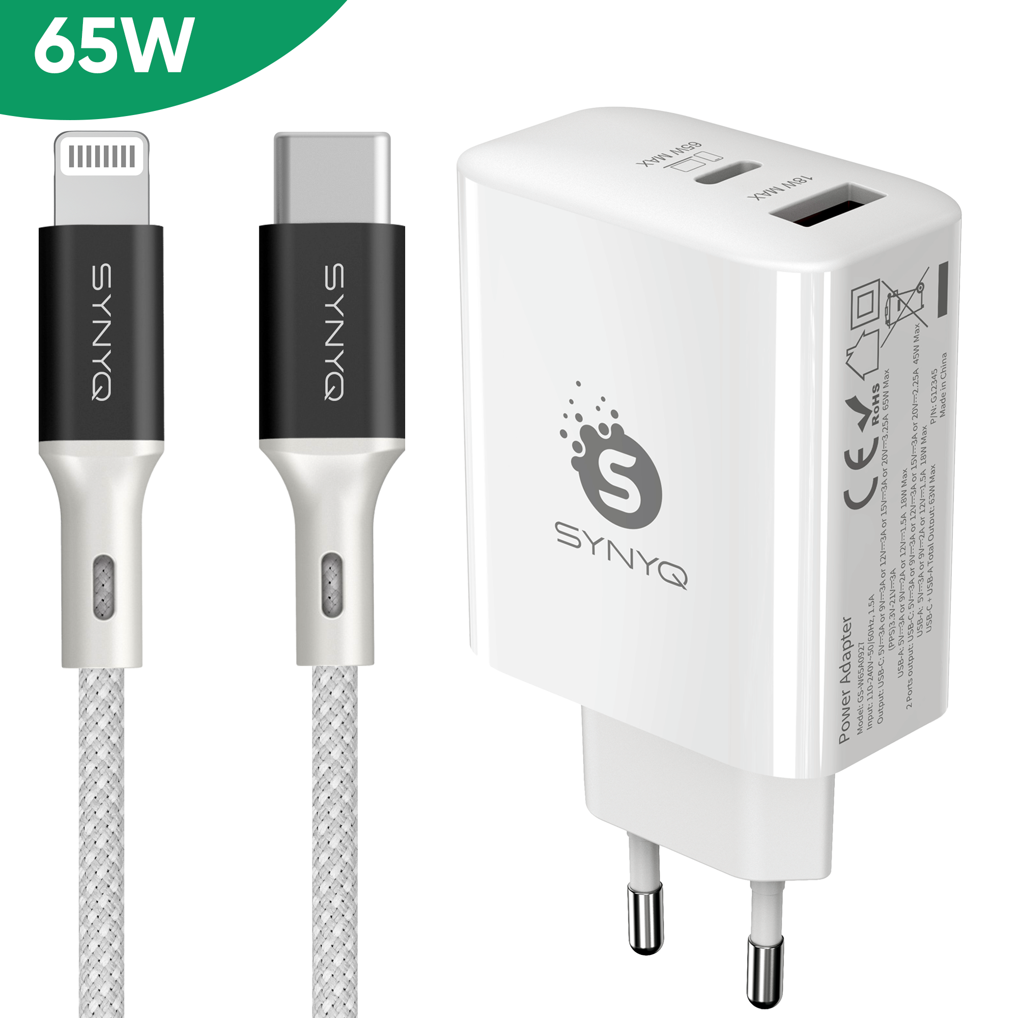 Synyq 65W Dual Poort Snellader - Incl. Lightning Kabel