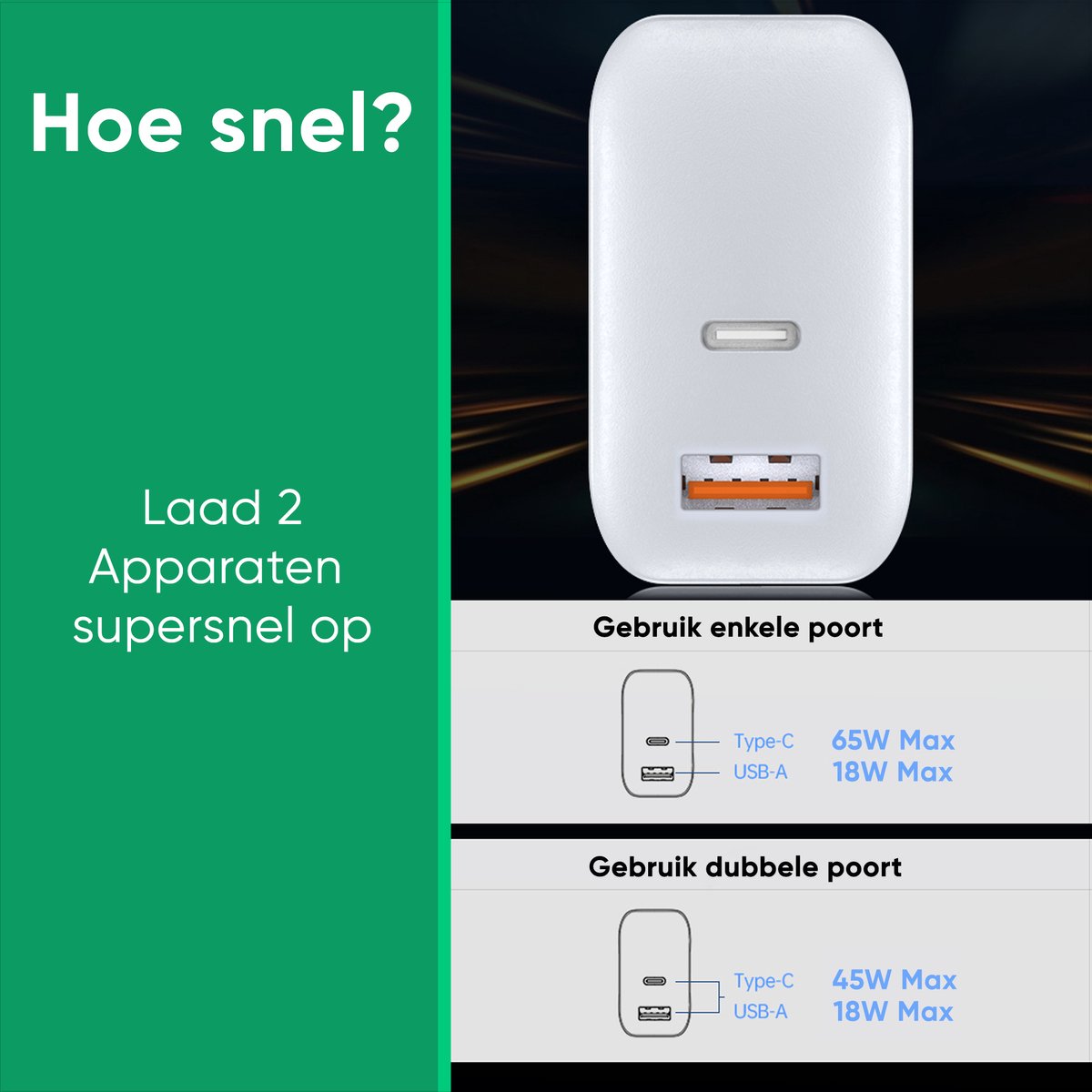 Synyq 65W Dual Poort Snellader - Incl. Lightning Kabel