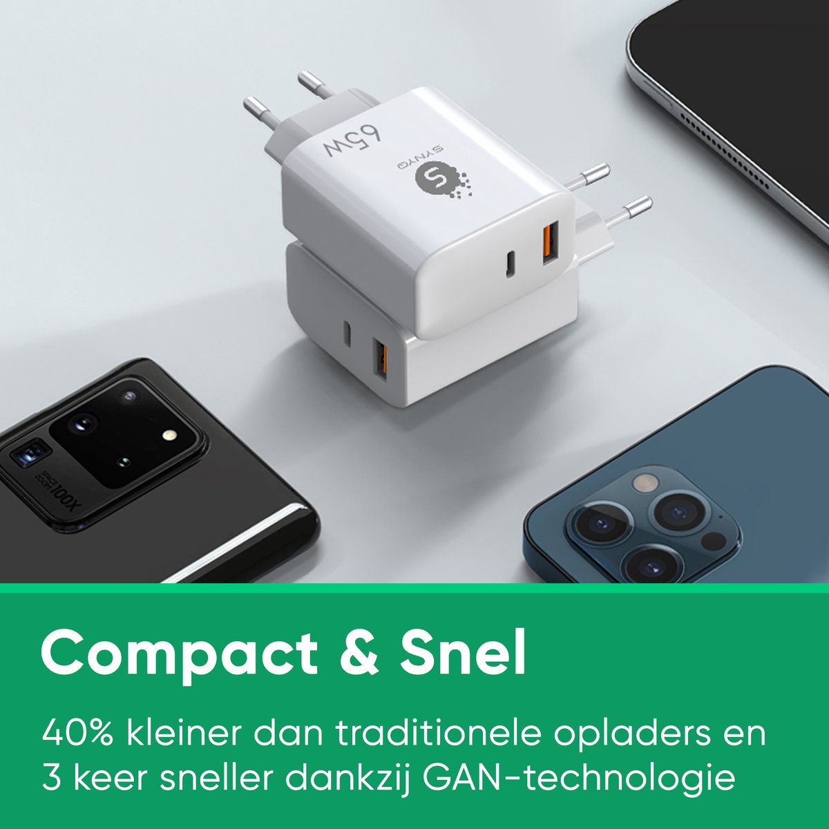 Synyq 65W Dual Poort Snellader - USB-C & USB-A - Universeel