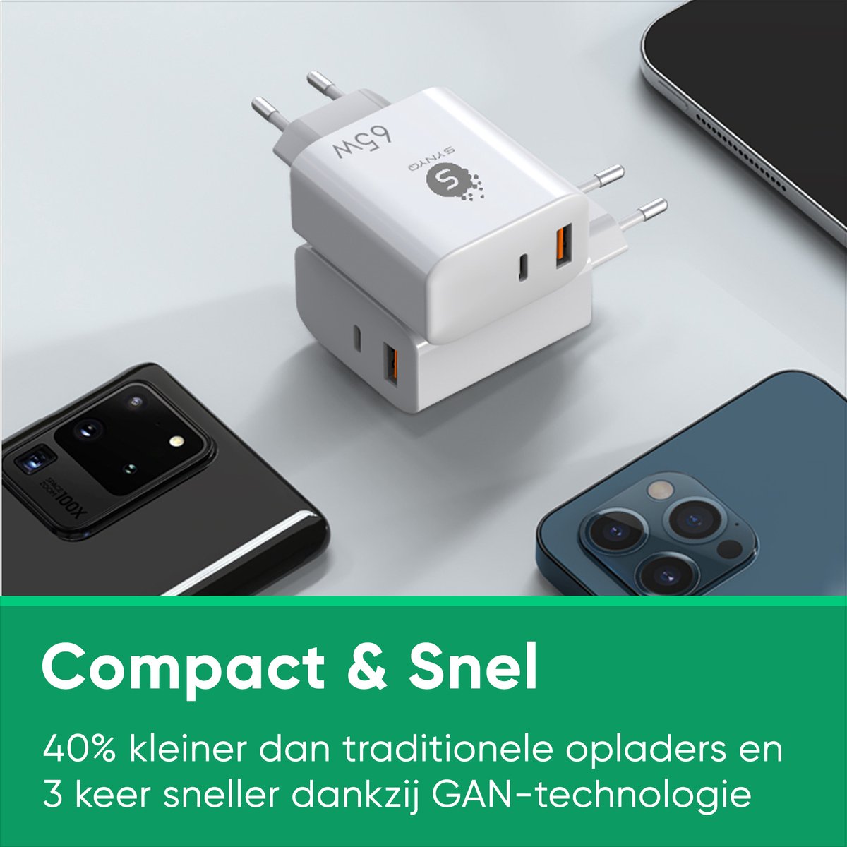 Synyq 65W Dual Poort Snellader - Incl. Lightning Kabel
