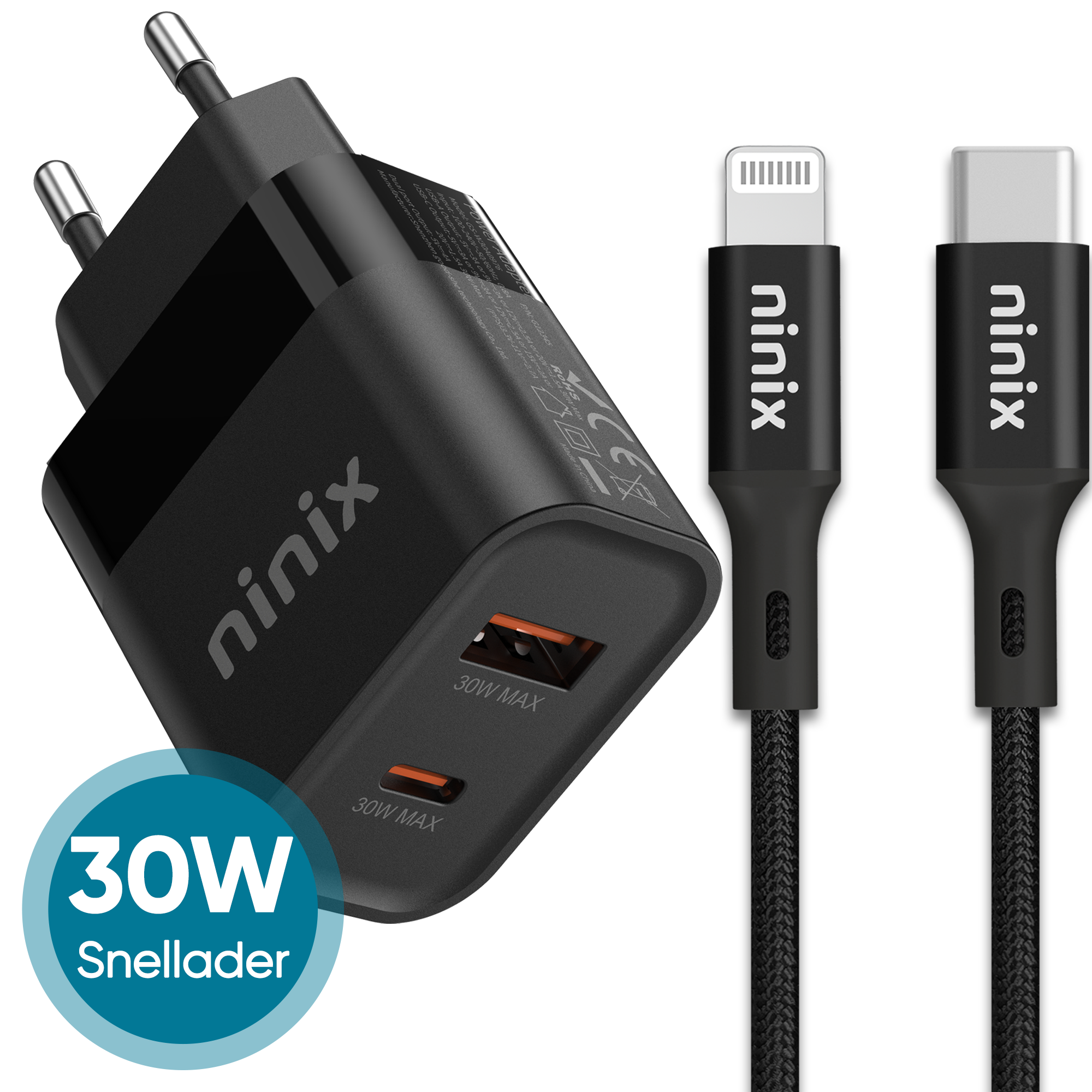 Ninix 30W GaN Snellader - Incl. Lightning Kabel - 2 Poorten