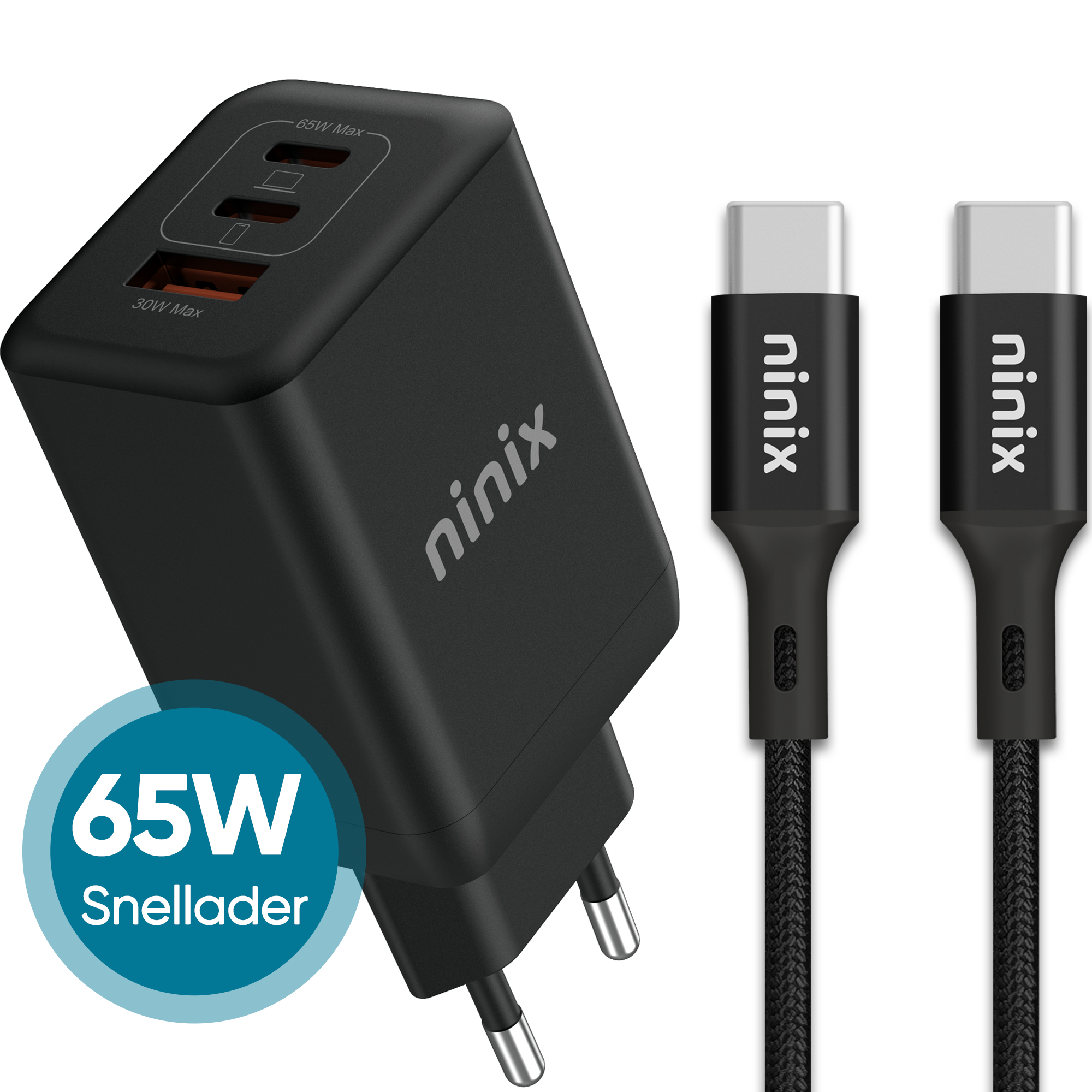 Ninix 65W GaN Snellader - 3 Poorten - Incl. USB-C Kabel - Universeel