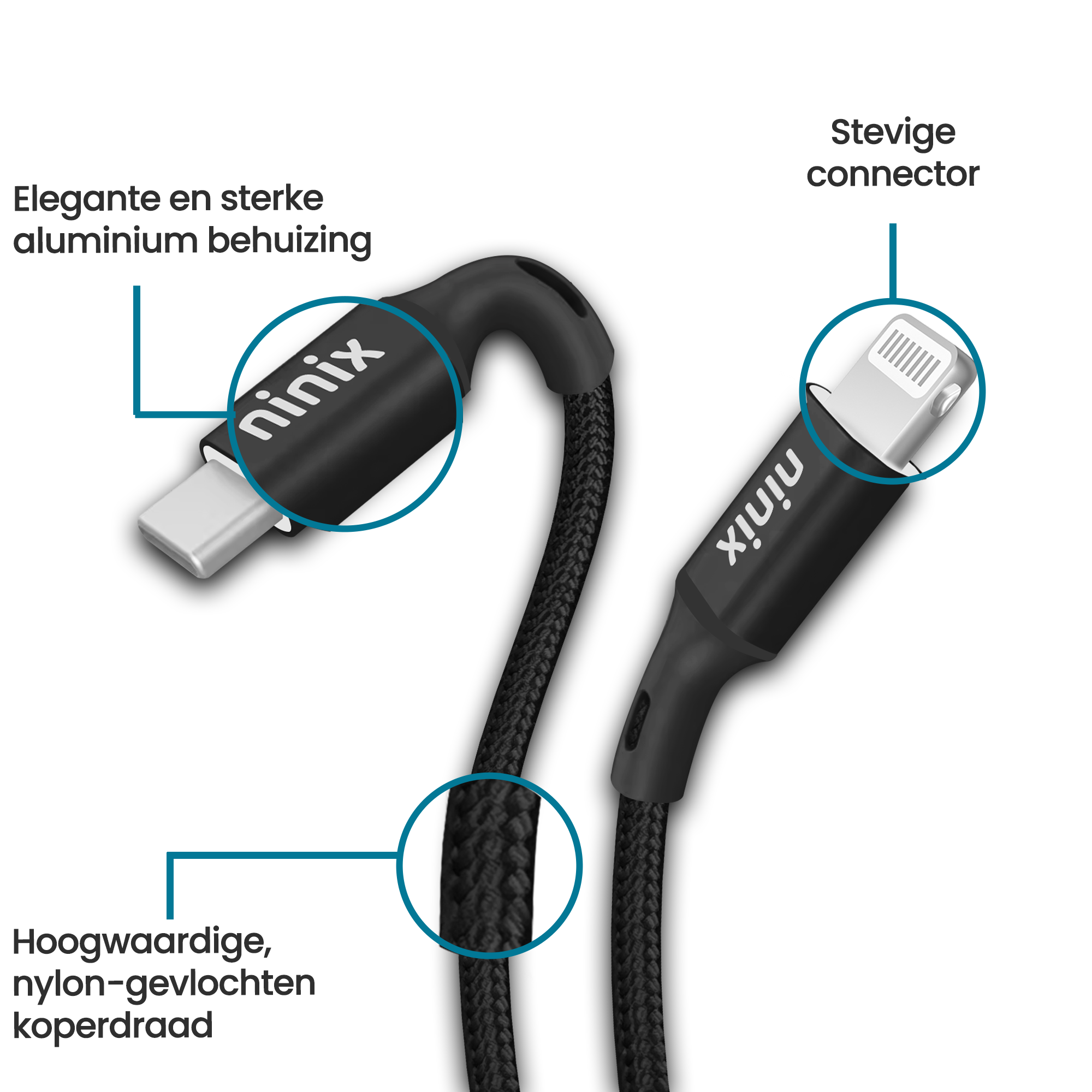 Ninix Lightning naar USB-C Kabel - Nylon Gevlochten