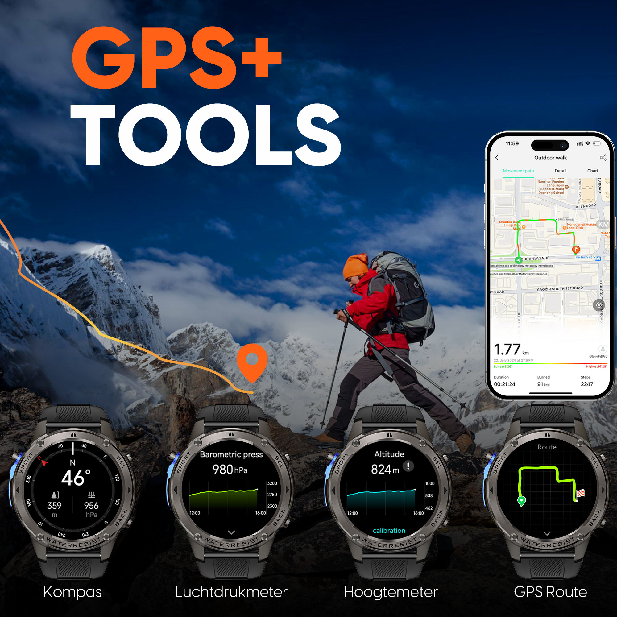 Synyq GPS Pro Smartwatch Heren - AMOLED - 10 Dagen Batterij - Incl. 3 Bandjes