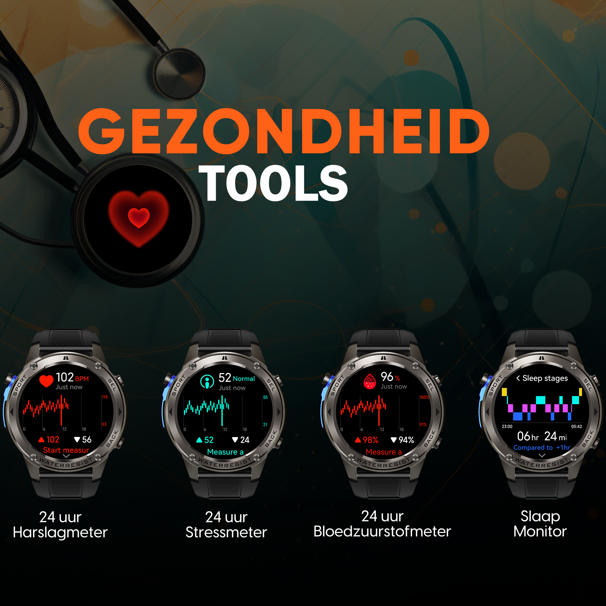 Synyq GPS Pro Smartwatch Heren - AMOLED - 10 Dagen Batterij - Incl. 3 Bandjes