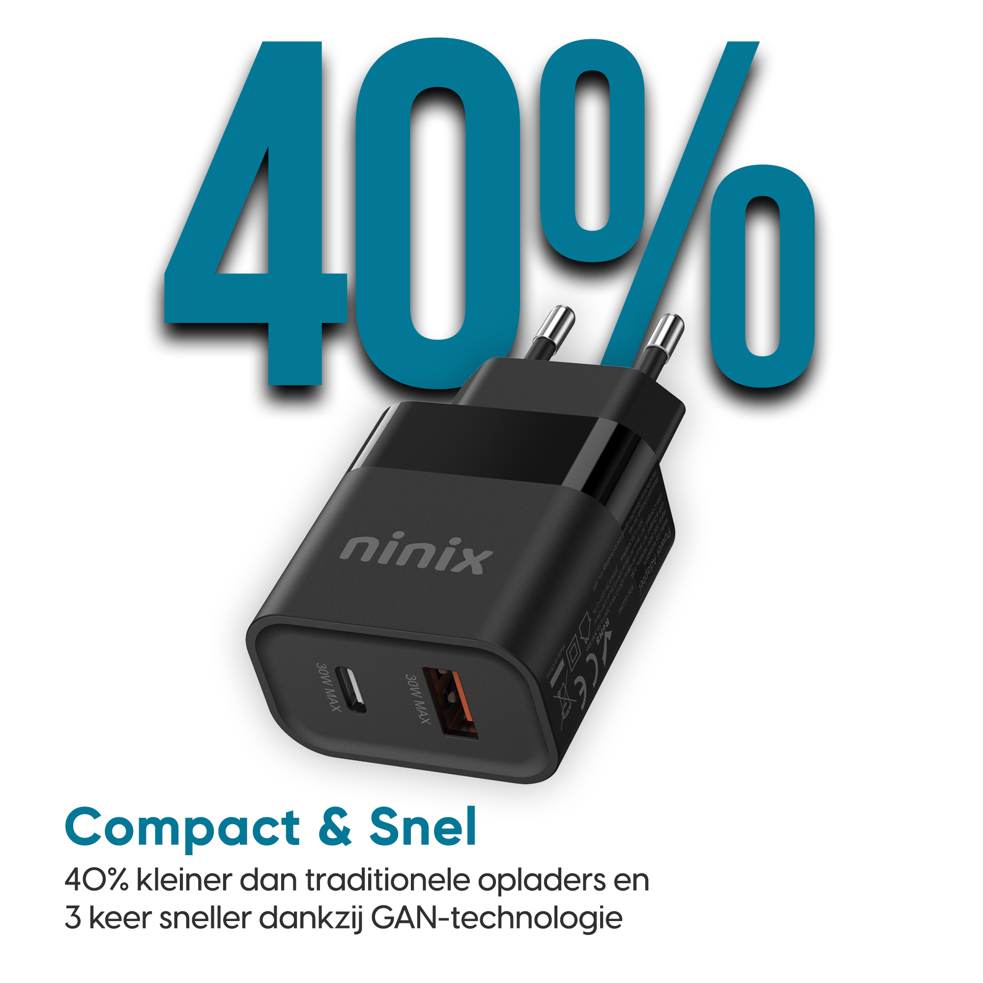 Ninix 30W GaN Snellader - Incl. Lightning Kabel - 2 Poorten