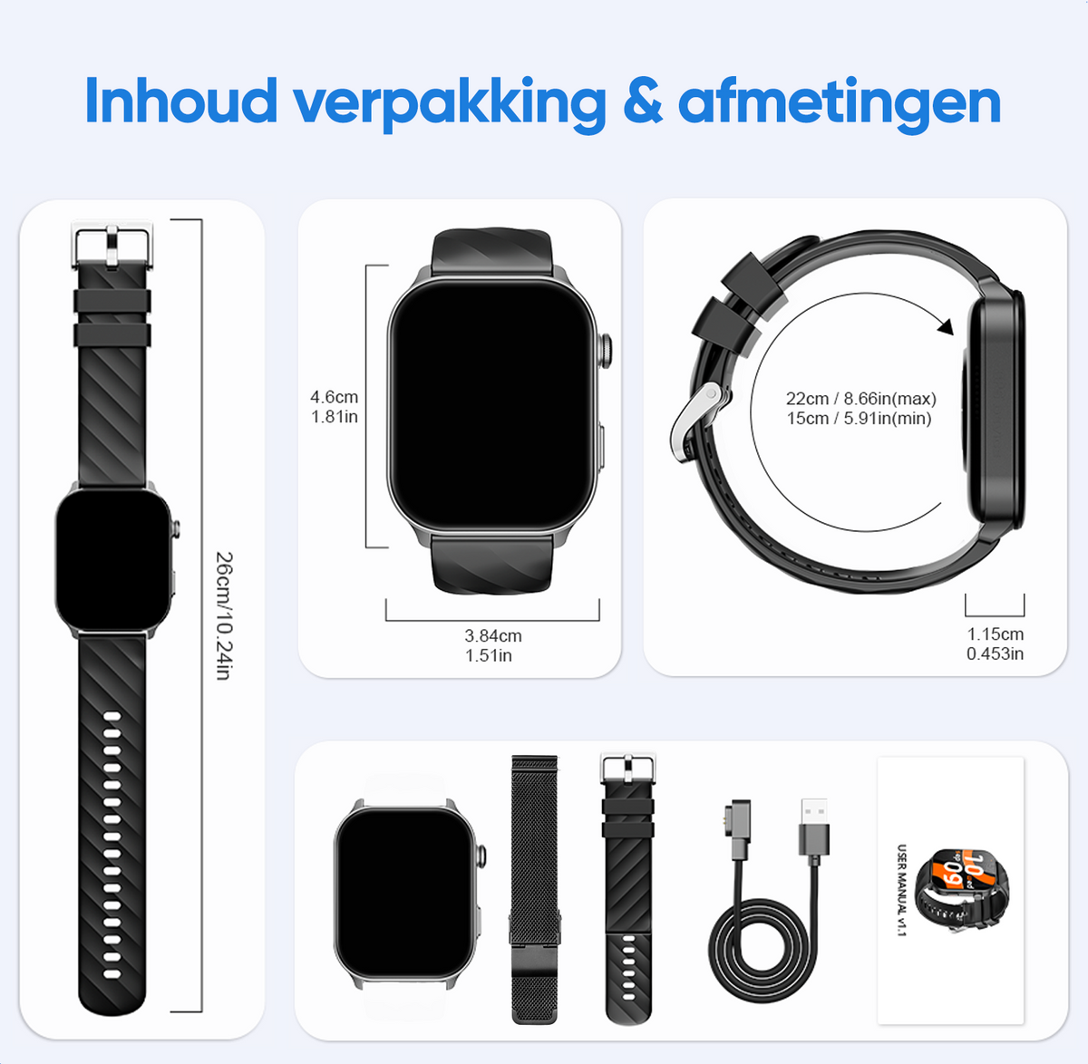 Synyq Axis GPS Smartwatch Dames en Heren - Zwart - Incl. 2 Bandjes