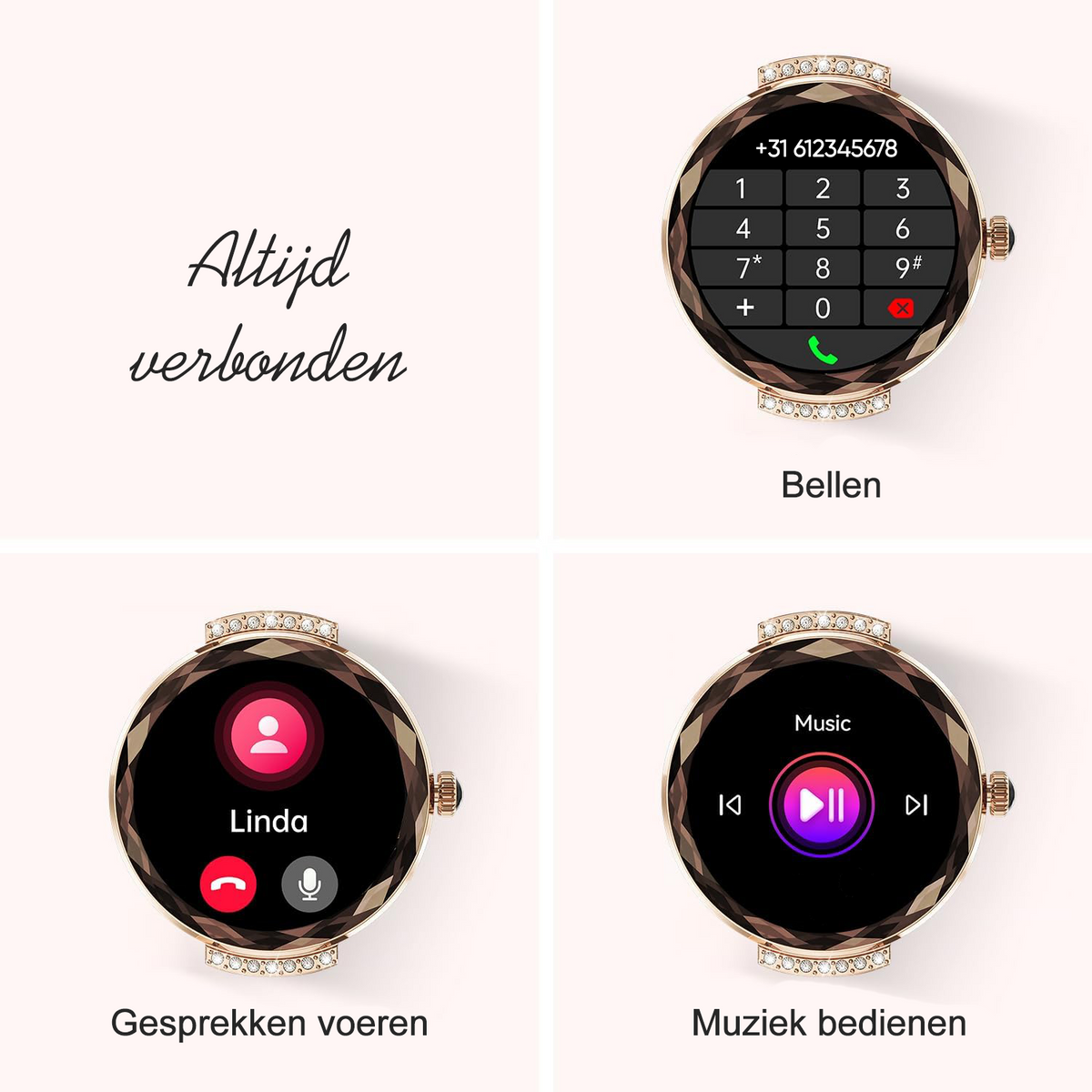 Synyq Diamond Smartwatch Dames - Rosé Goud - 39mm AMOLED - Incl. 2 Bandje