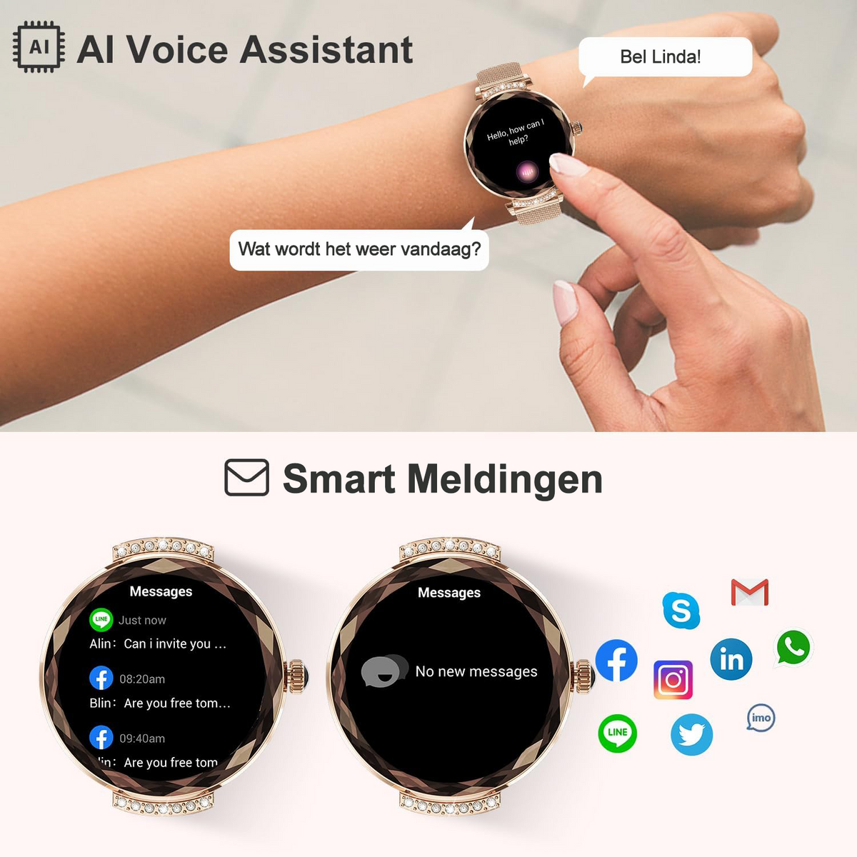 Synyq Diamond Smartwatch Dames - Rosé Goud - 39mm AMOLED - Incl. 2 Bandje