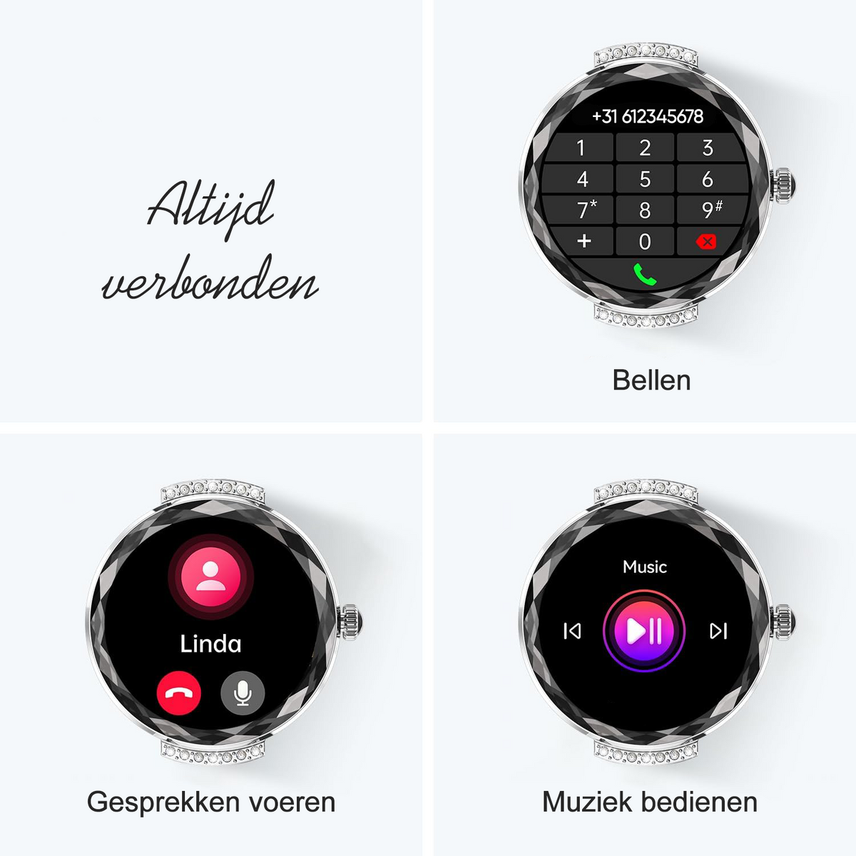 Synyq Diamond Smartwatch Dames - Zilverkleurig - 39mm AMOLED - Incl. 2 Bandjes