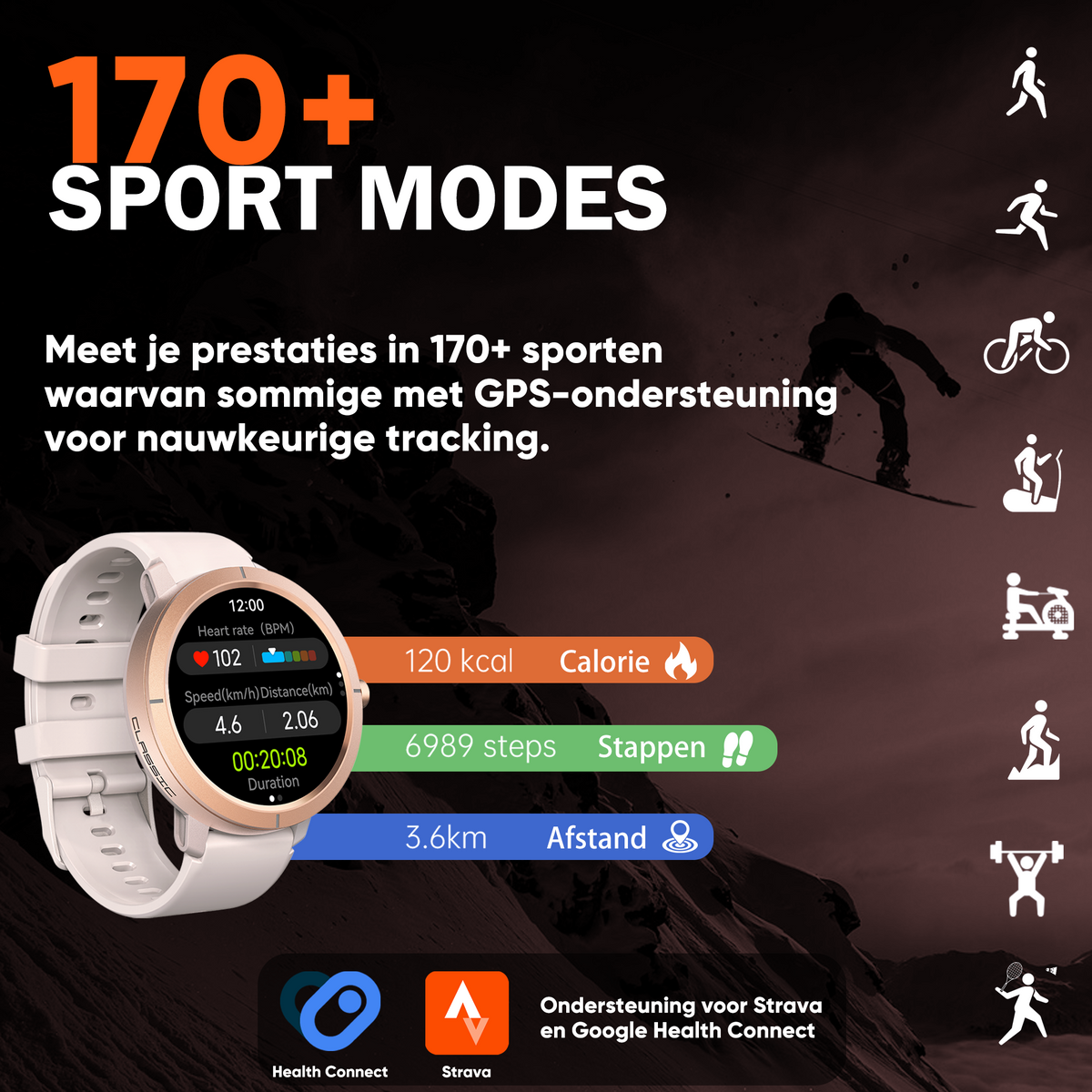 Synyq Evo Pro GPS Smartwatch Dames - Rosé Goud - 5ATM Waterdicht - Incl. 4 Bandjes