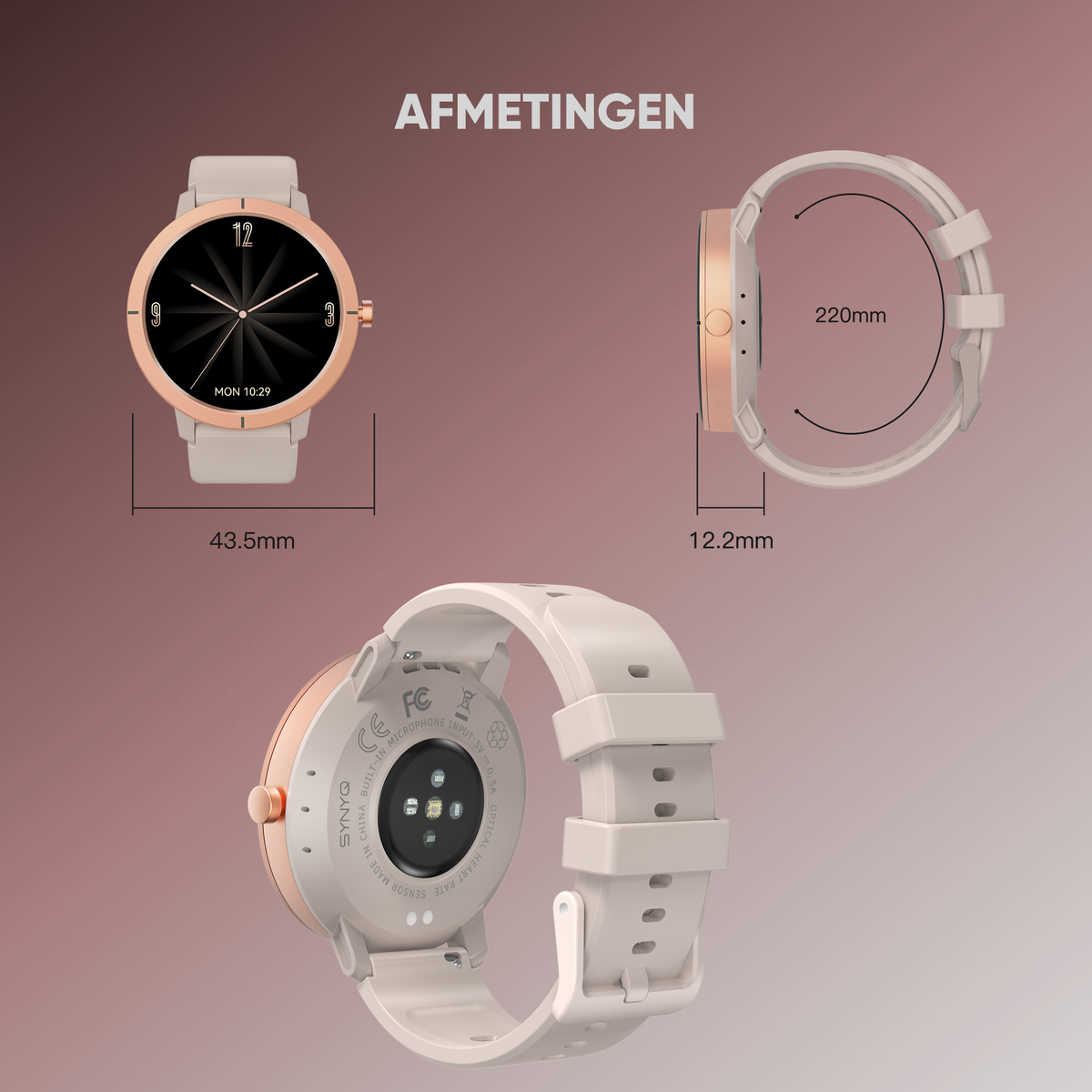 Synyq Evo Pro GPS Smartwatch Dames - Rosé Goud - 5ATM Waterdicht - Incl. 4 Bandjes