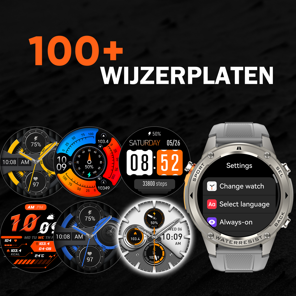 Synyq GPS Pro Smartwatch Heren - Steel - AMOLED - 10 Dagen Batterij - Incl. 4 Bandjes