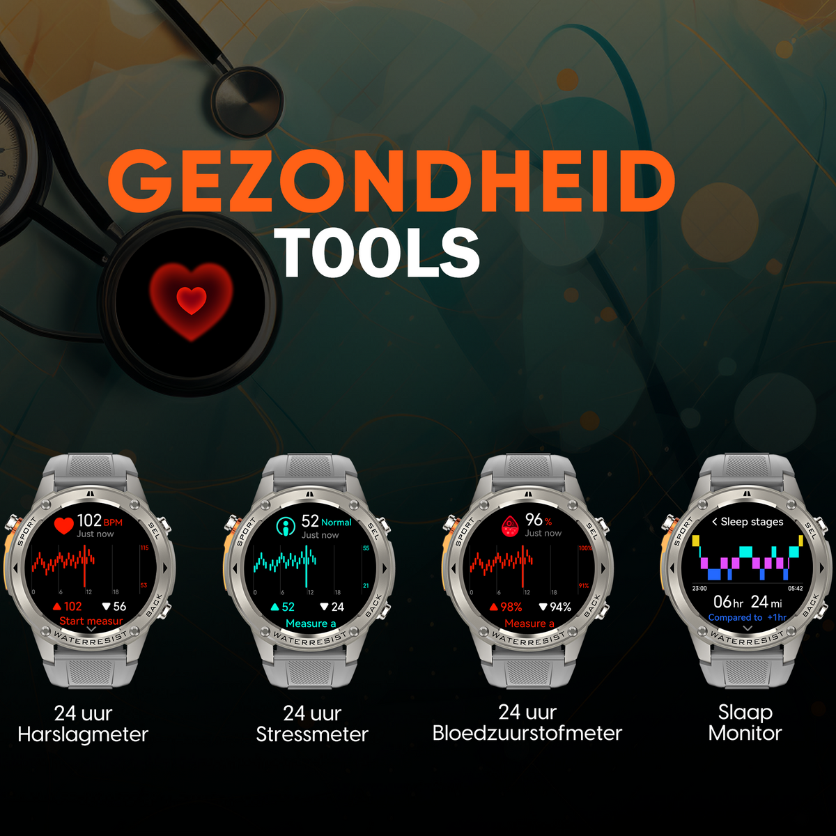 Synyq GPS Pro Smartwatch Heren - Steel - AMOLED - 10 Dagen Batterij - Incl. 4 Bandjes