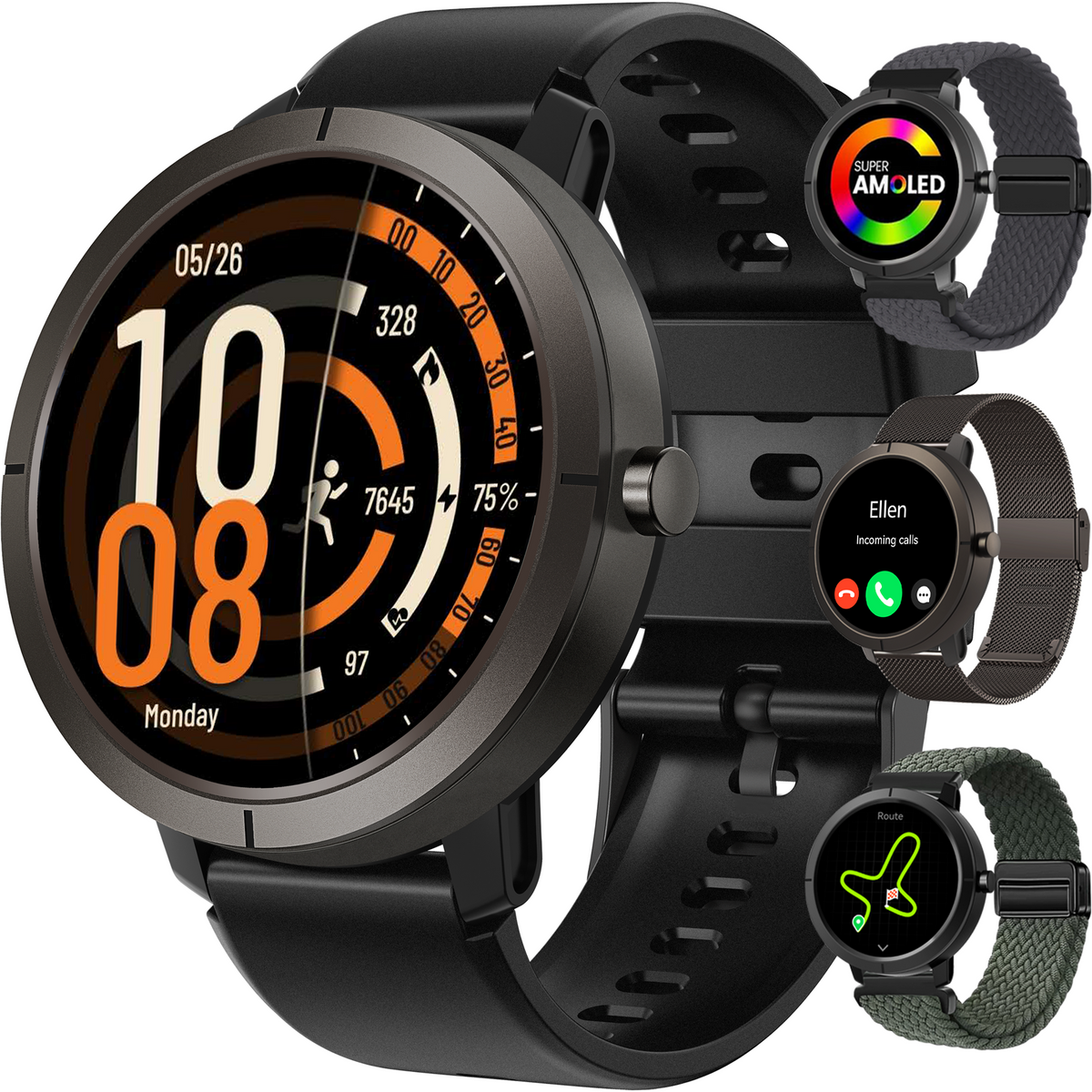 Synyq Evo Pro GPS Smartwatch - Zwart - 5ATM Waterdicht - Incl. 4 Bandjes