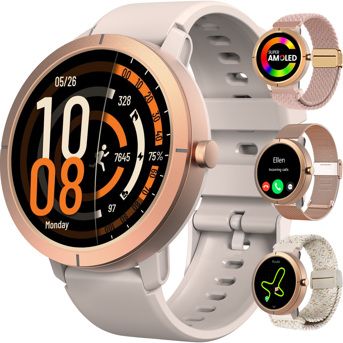 Synyq Evo Pro GPS Smartwatch Dames - Rosé Goud - 5ATM Waterdicht - Incl. 4 Bandjes